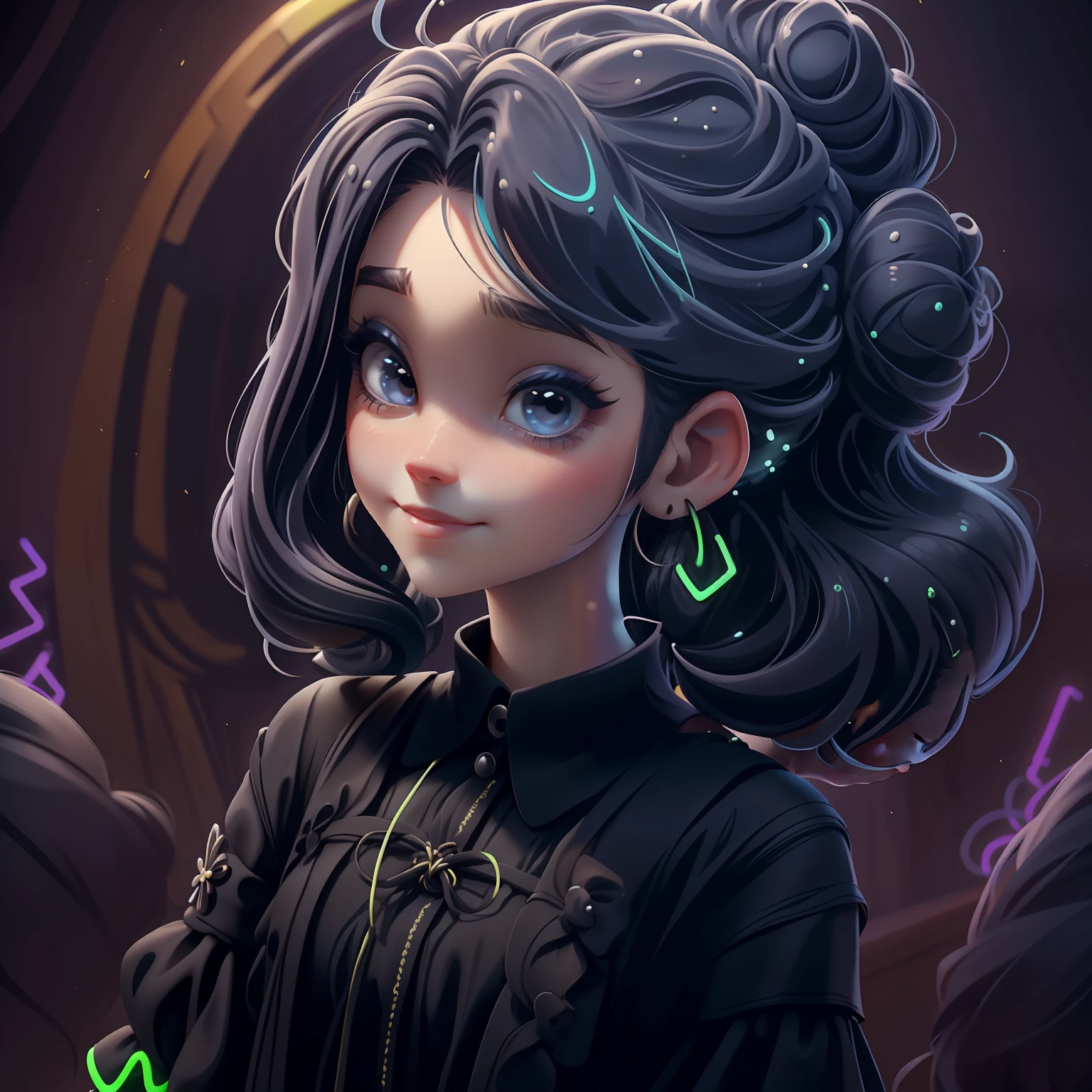 menina Lodo, (Lodo), Slime cabelo bun estilo de cabelo,  preto , roupas rave neon, master part, best quality