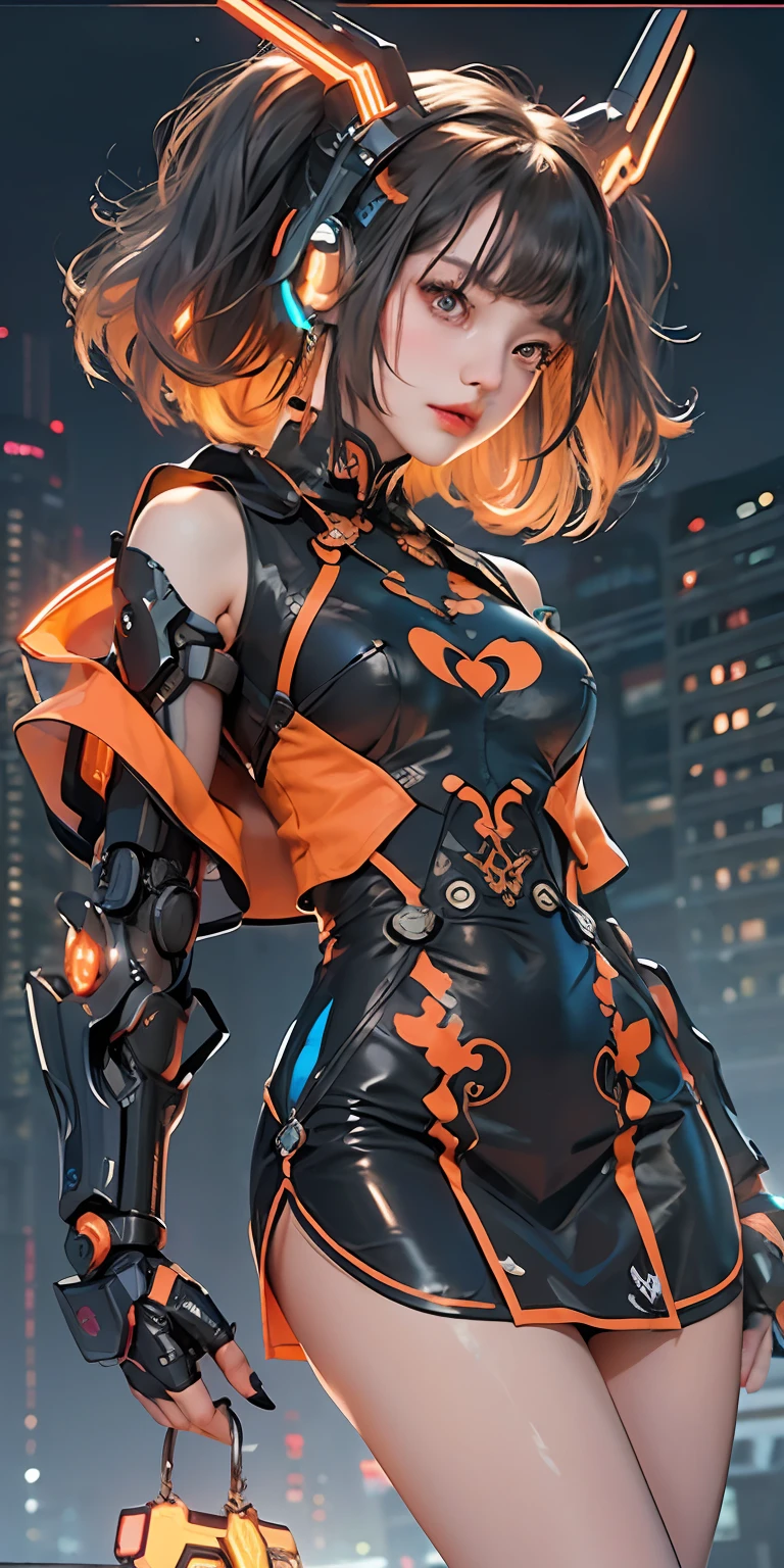 1 girl, Solo, Chinese_Clothes, metallic black titanium and orange, cyberhan, Cheongsam, Cyberpunk City, Dynamic Pose, detailed luminescent headphones, glowing hair accessories, Long hair, Luminous earrings, glowing necklace, Cyberpunk, High-tech City, Full of mechanical and futuristic elements, A futuristic, Technology, glowing neon, orange, Orange Light, fluorescent orange, Skirt, Cape, coat, laser, digital background, Urban sky, Big Moon, with vehicle, Best Quality, masutepiece, 8K, character edge light, Super High Detail, High quality, the most beautiful woman in human beings, slight smile, face facing front and left and right symmetry, ear decoration, Beautiful pupils, Light Effects, Visual data, pick and dye orange, dye hair, super detail facial texture, Happy and proud, weapon system, Mecha style, crowded street passers-by, mechanical wings, Super light and shadow