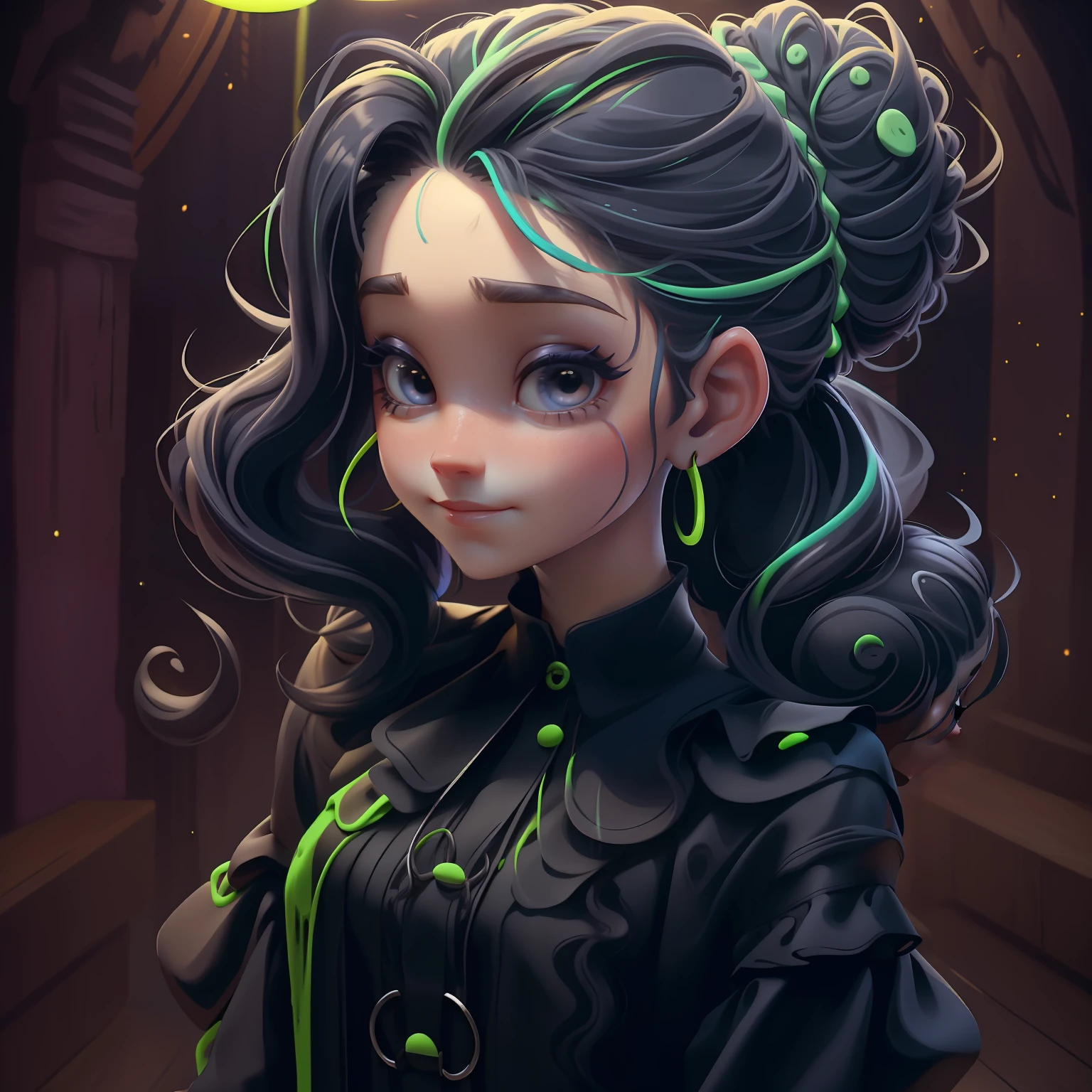 menina Lodo, (Lodo), Slime cabelo bun estilo de cabelo, preto , roupas rave neon, master part, best quality