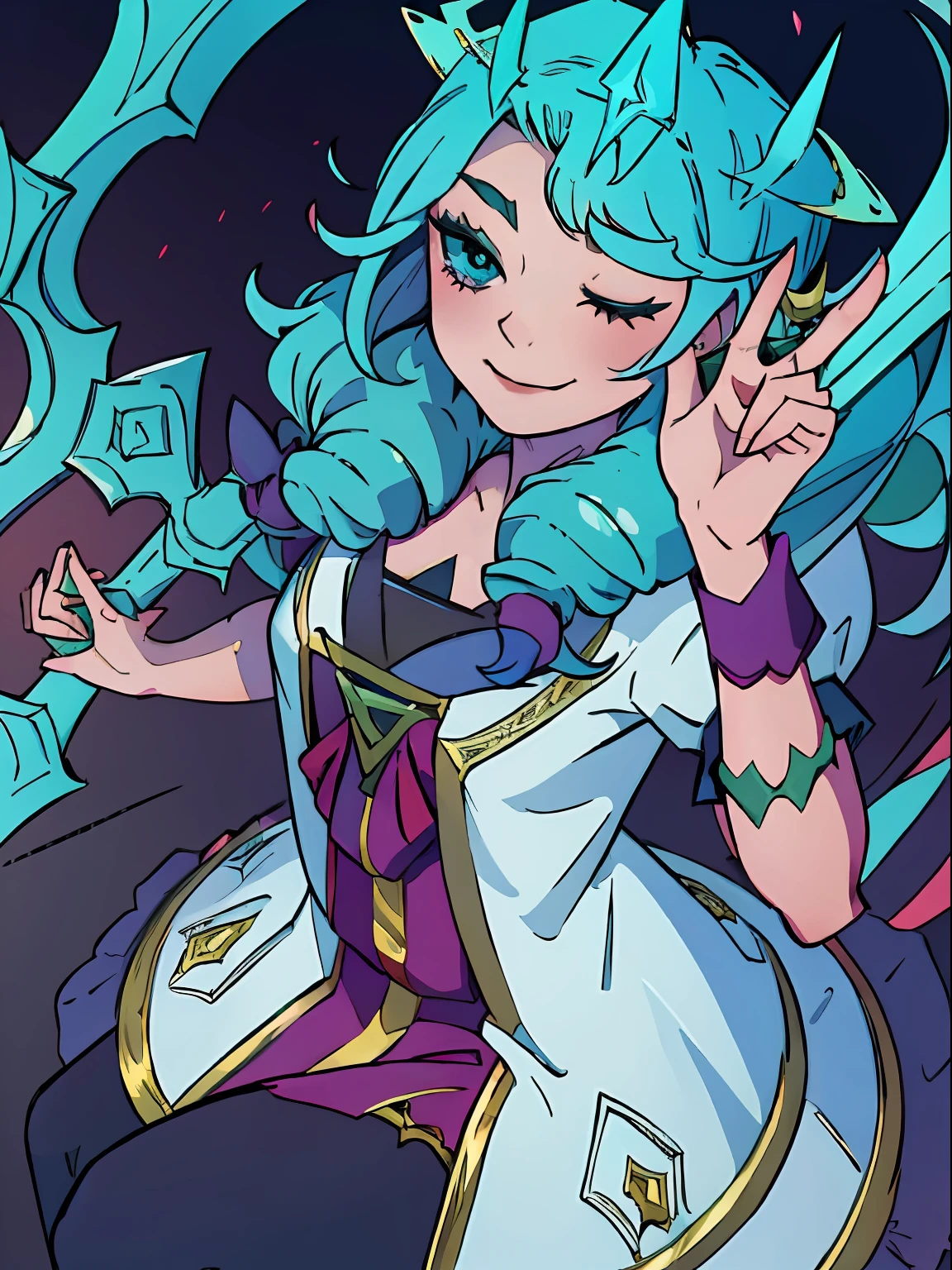 League of Legends Gwen, Viego's crown, Green Viego crown, Possessed by Viego, SFW, winking, one eye closed, Gwen's dress, Gwen's outfit, Gwen's hair, Blue hair, mouth closed, closed mouth smile, looking at viewer, 8k, masterpiece, ultrasharp, blush, red blush, peace sign, peace sign over right eye, sitting down, legs crossed