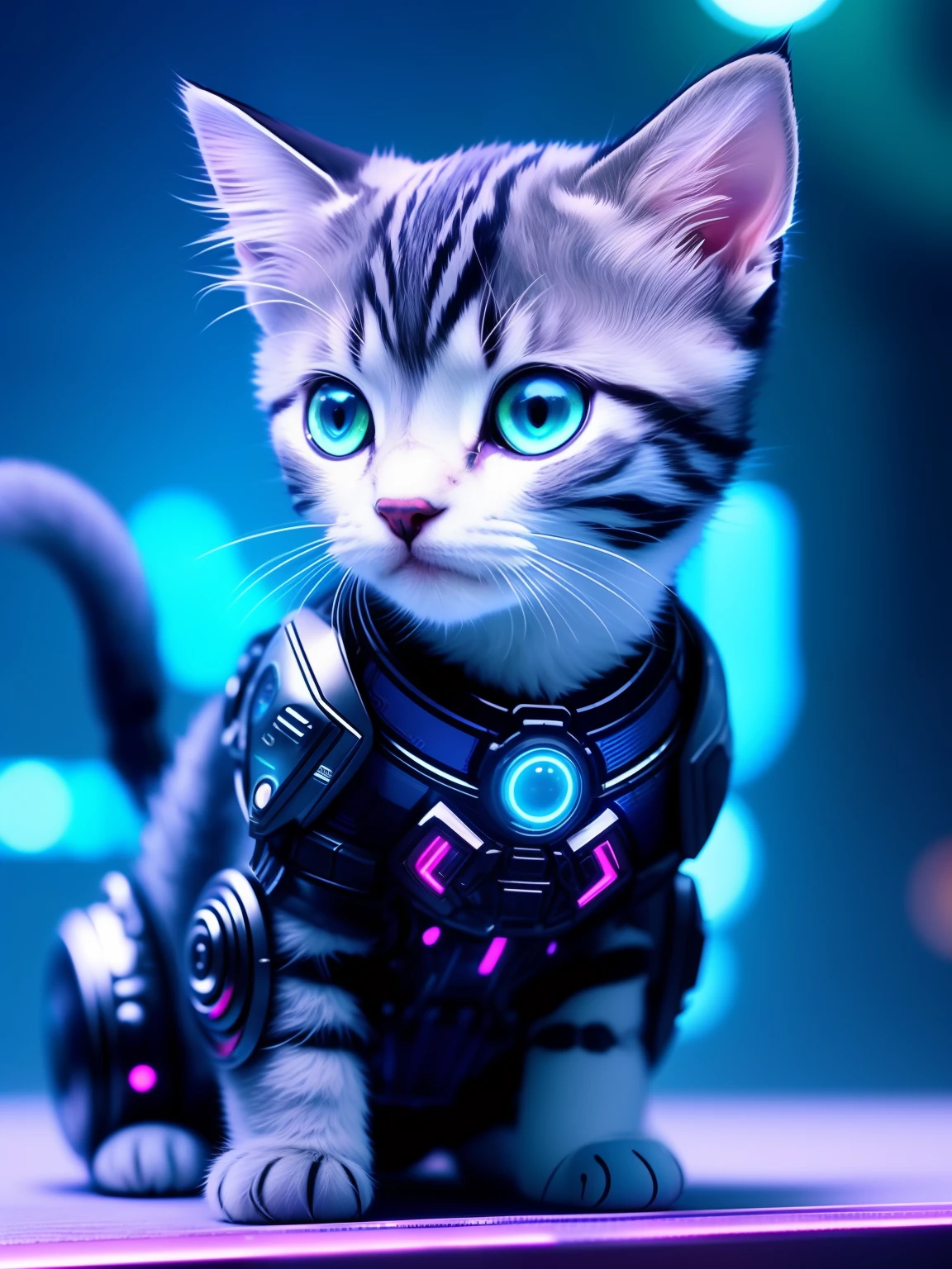 a cute kitten made of metal、cyborgs、Cyberpunk style、((intricate-detail))、hdr、((intricate-detail、ultra-detailliert))、Cinematic Shots、vignettes、a cool
