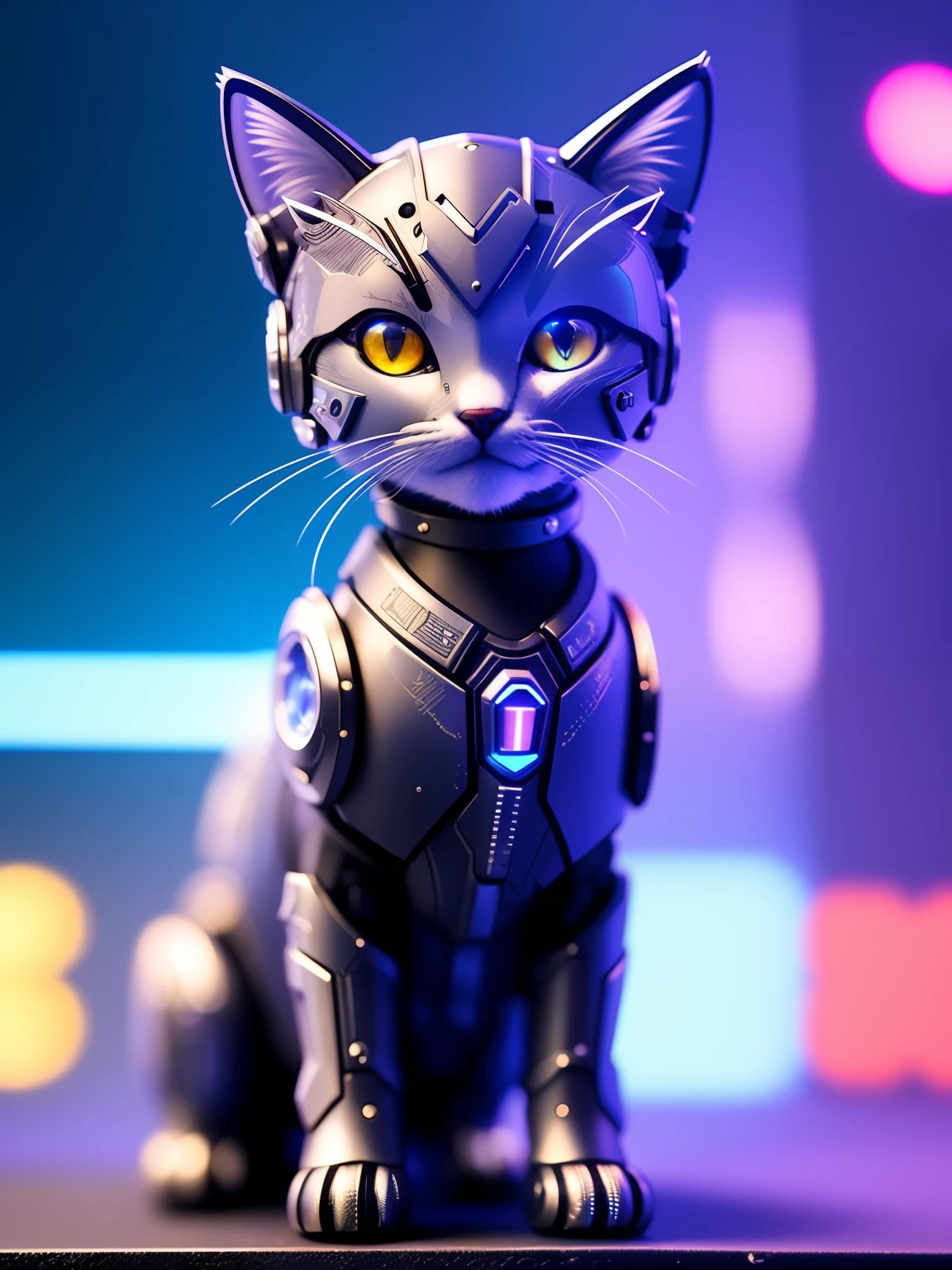 a cute kitten made of metal、cyborgs、Cyberpunk style、((intricate-detail))、hdr、((intricate-detail、ultra-detailliert))、Cinematic Shots、vignettes、a cool