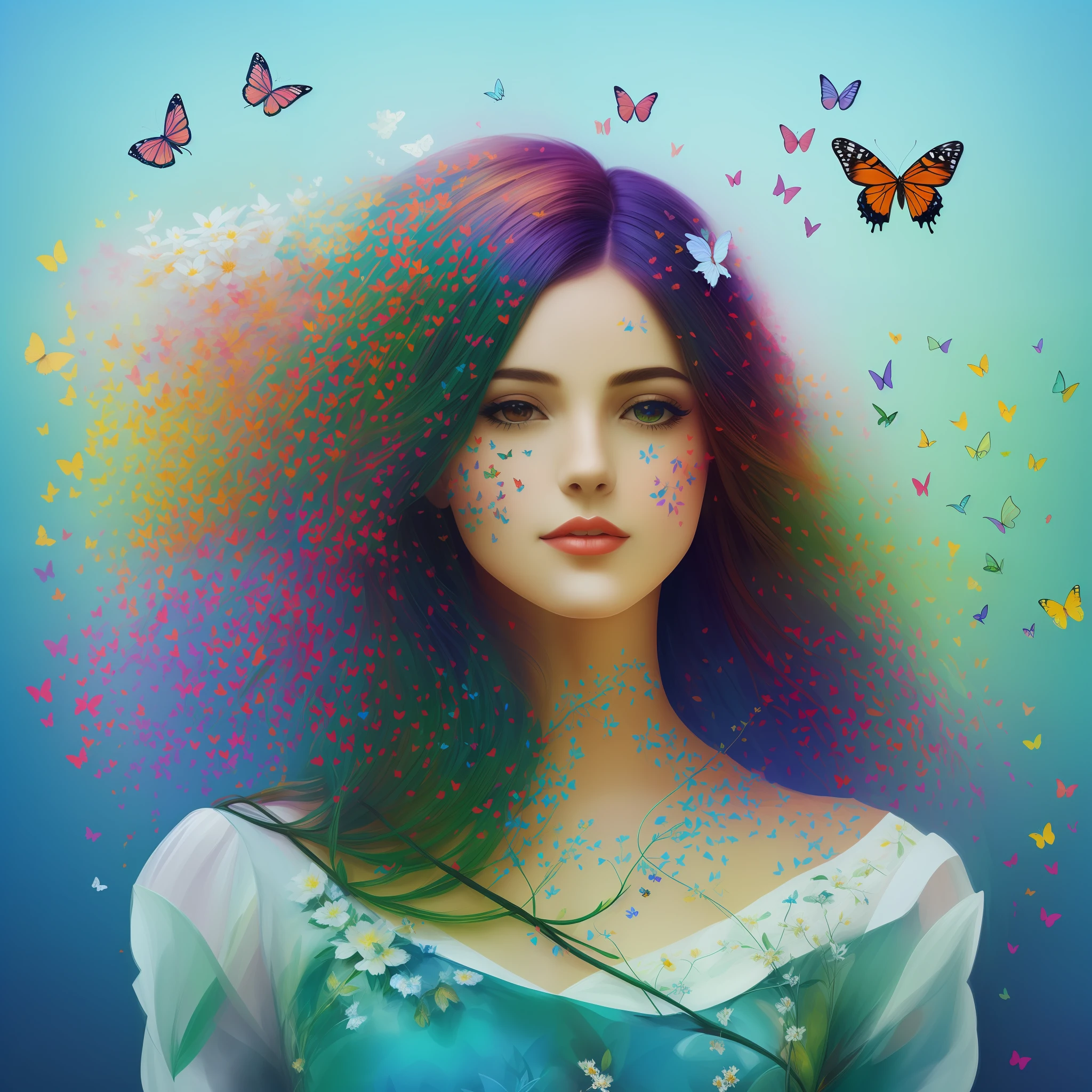 big colorful butterflies, plants and creepers with flowers, colorful birds