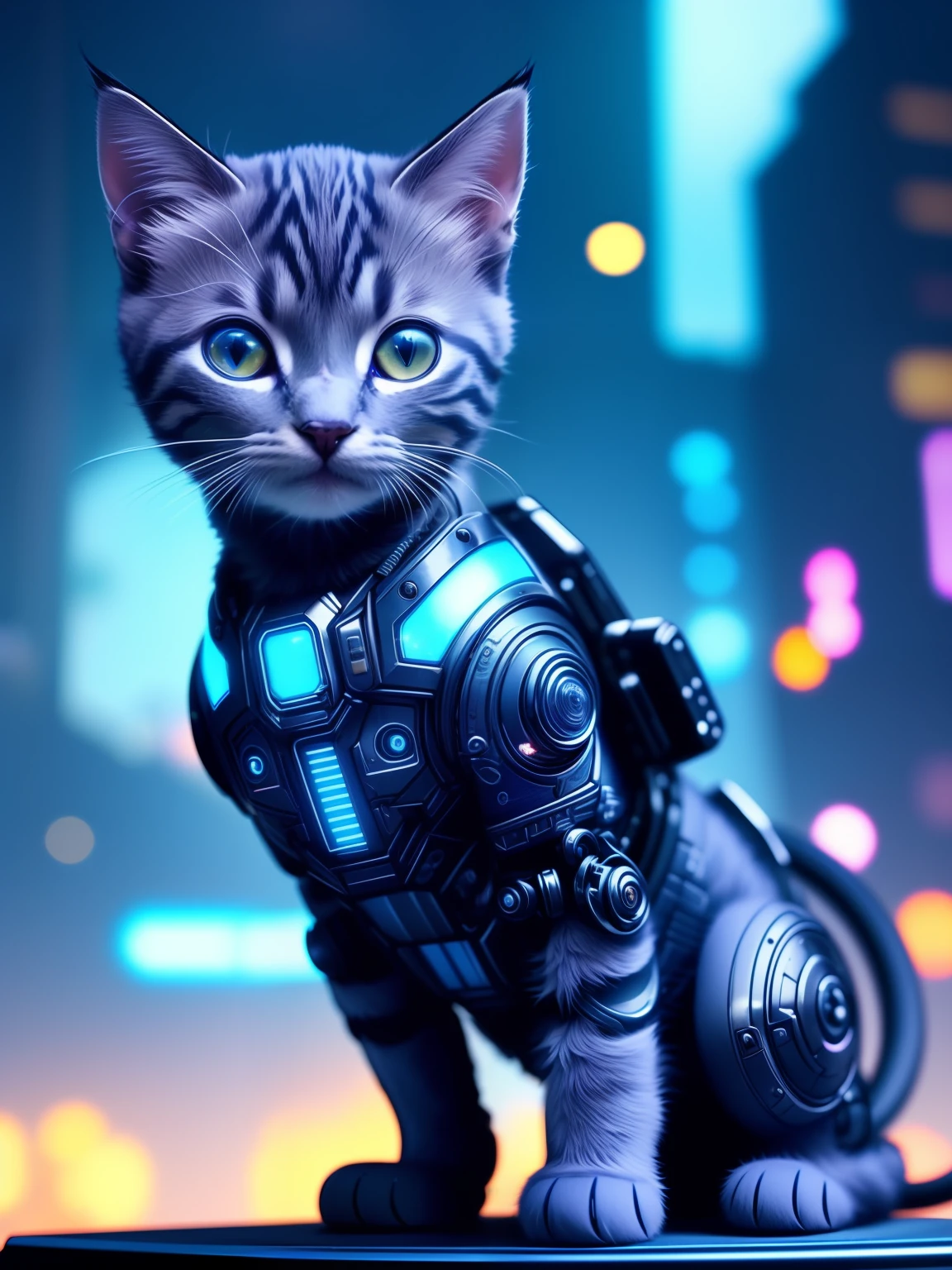 a cute kitten made of metal、cyborgs、Cyberpunk style、((intricate-detail))、hdr、((intricate-detail、ultra-detailliert))、Cinematic Shots、vignettes、a cool