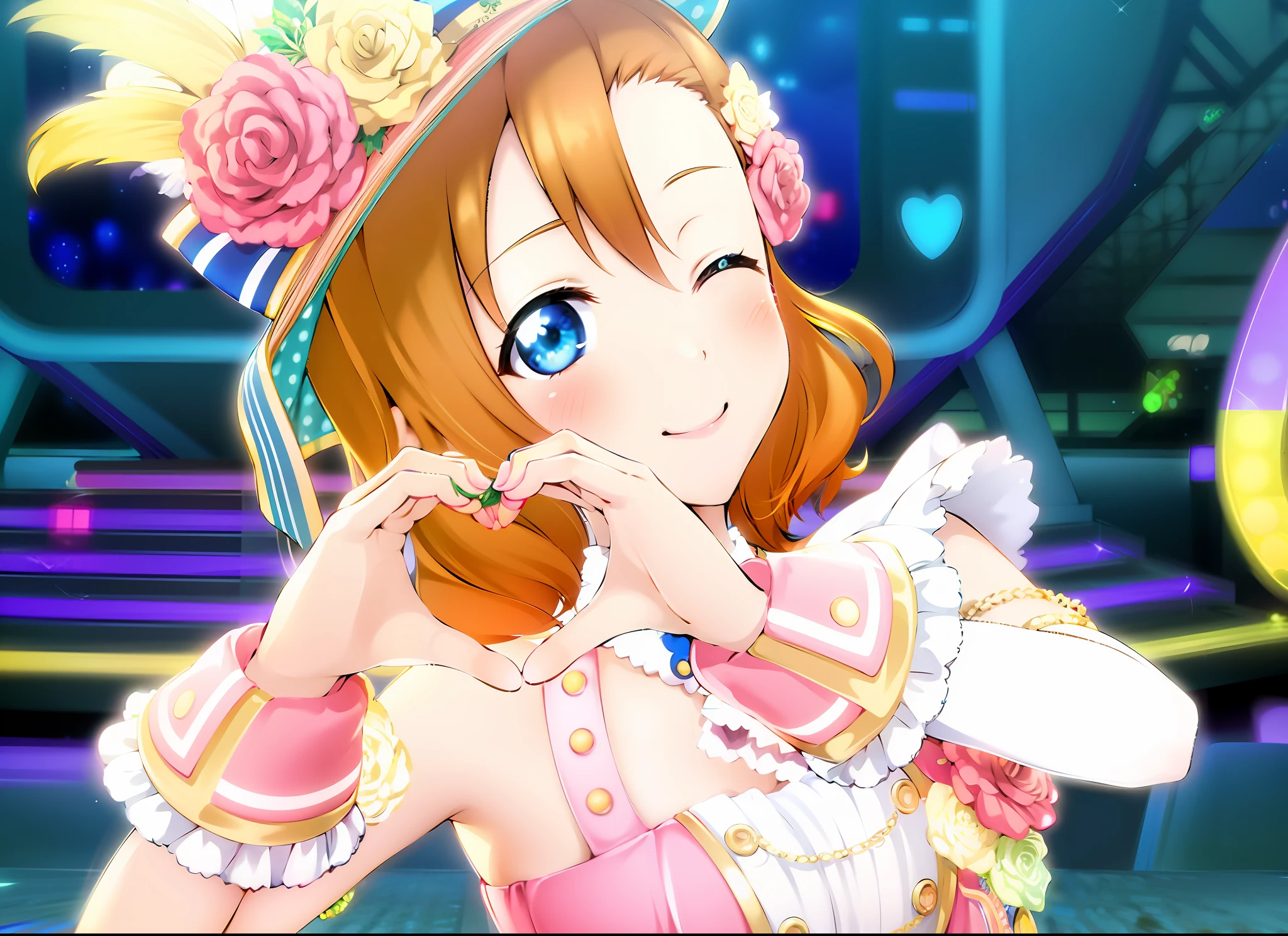 anime girl in a pink dress , happy!!!, nighttime!!,  vivid!!, vivid colors!!, kousaka honoka, blue eyes,thicc breasts