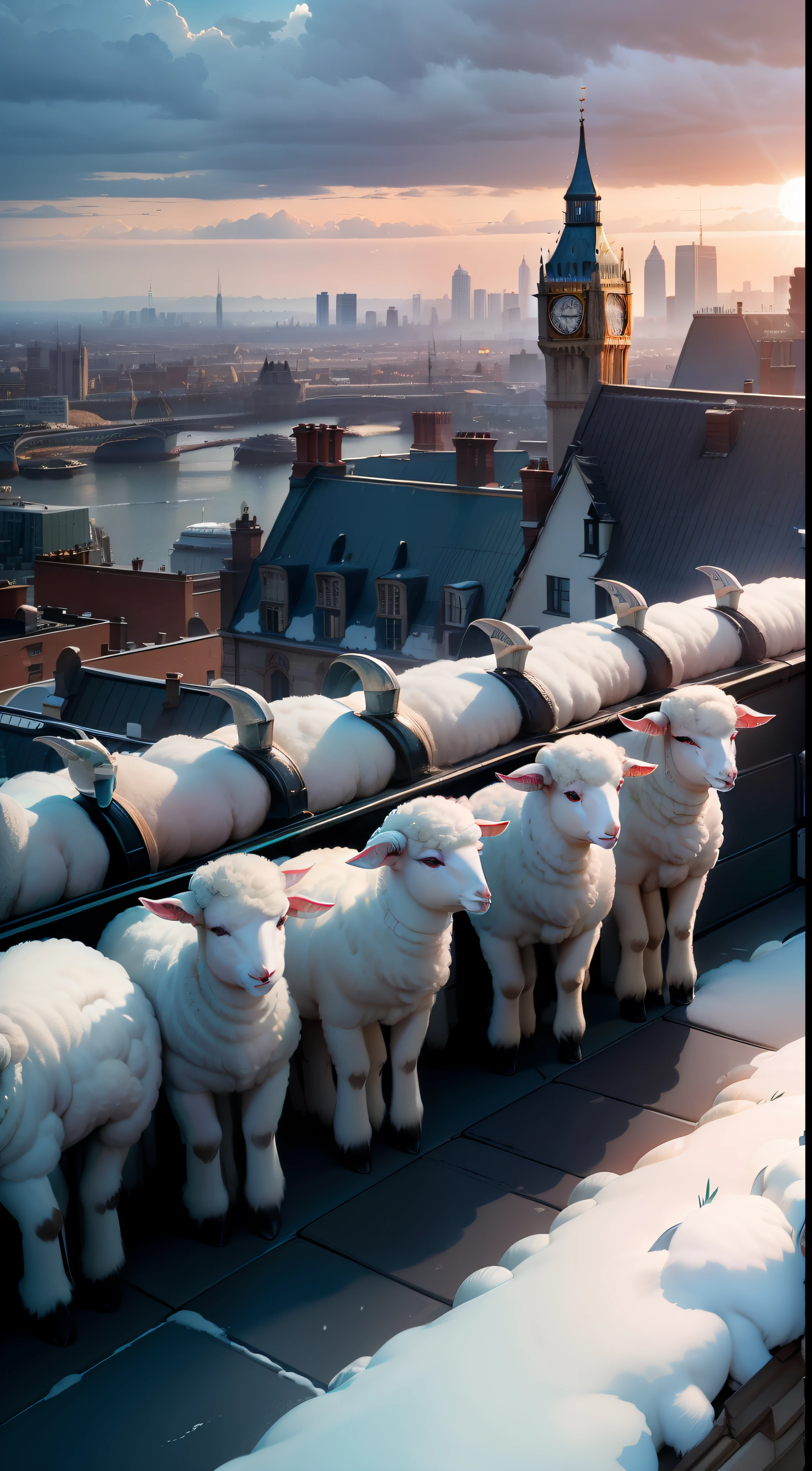 A large herd of lambs standing on top of a tall building in the middle of London city looking around curiously, (((wide shot))), sunset in background, skyscrapers, Big Ben, London bridge, (((London skyline))), buildings, city skyline, vibrant sky, (((subject: large herd of lambs standing on roof top of tall building))), cinematic, hyper realistic photo, 8k render, curious animals, overcast, (((herd of lambs))), rainbow in sky, snowfall, candid photo, English, city life, top view shot, numerous lambs