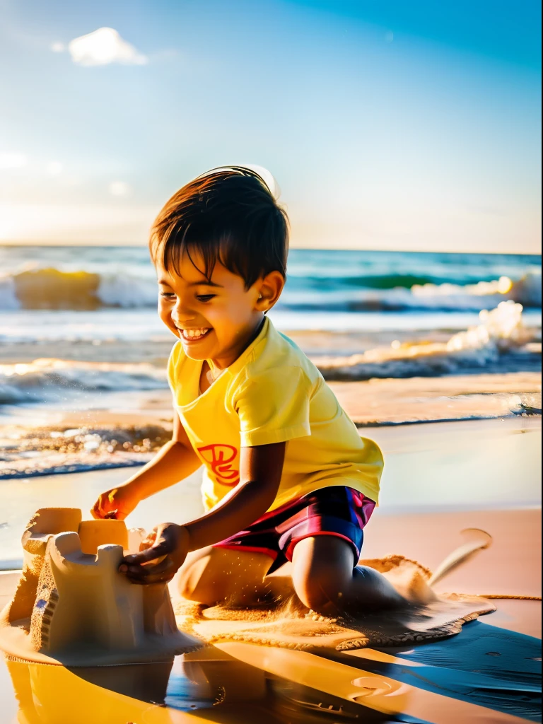 A child playing on a sunny happy beach, their laughter as they build a simple sandcastle, emulate Nikon D6 high shutter speed action shot, soft golden lighting.