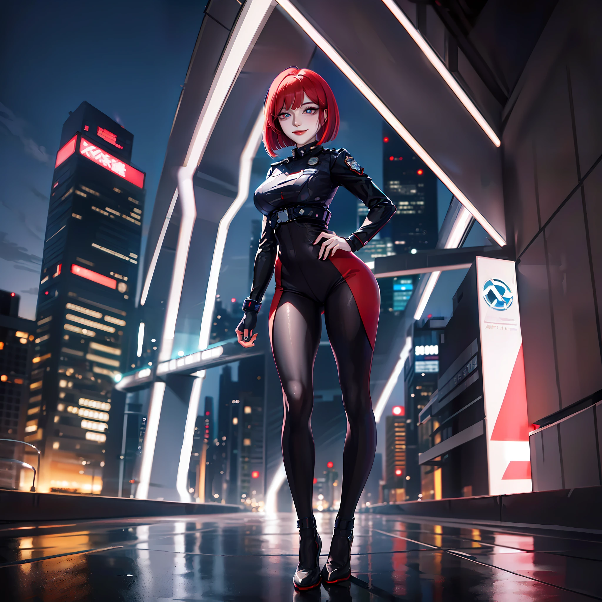 Confident, strong-willed woman with a subtle manga-style smile. Sharp detailed eyes. Red angled bob, slender figure. Dressed in a high-tech police uniform, equipped with future-tech gadgets. Her posture exudes authority and readiness for action. Full body visible against a backdrop of a bustling cityscape.