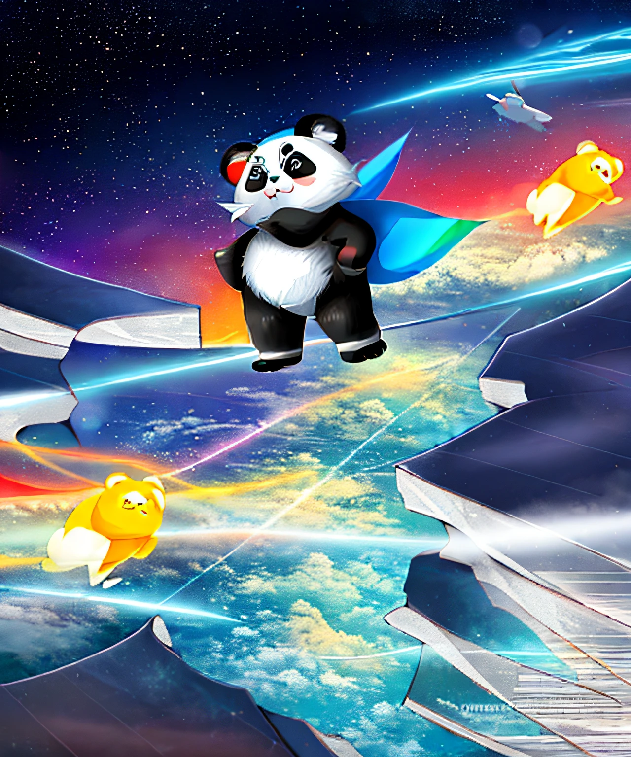 Cartoon panda bear dressed as a superhero flying over a cliff, Fanart de alta qualidade, Panda Panda Panda, panda, inspirado em Wuzhun Shifan, official fan art, Fanart oficial, papel de parede!, inspirado em Pan Tianshou, inspirado em Zhu Da, Arte Oficial, inspirado em Yu Zhiding, a panda in space, inspirado no Mestre Kanbun