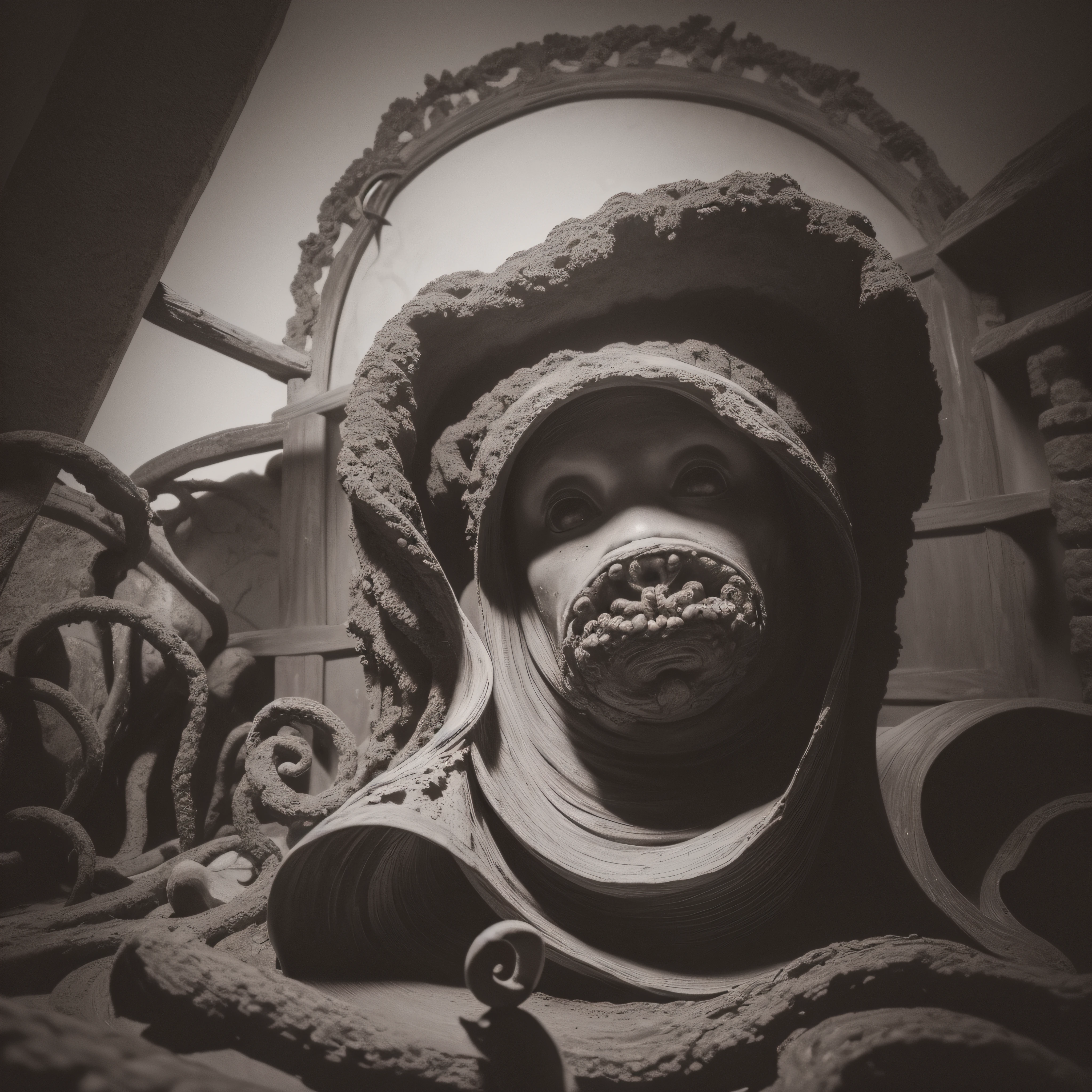 (extremadamente detallado, obra maestra, La mejor calidad), Estilo oscuro, intense illumination, rostro con arrugas, lengua larga, tentacle, deforme, monstruoso, interior de una piscina de agua verdosa, imagen submarina, alien con Colmillos finos, pico de pulpo amenazante. manchas de tinta. Rococo composition. Luz de caravaggio