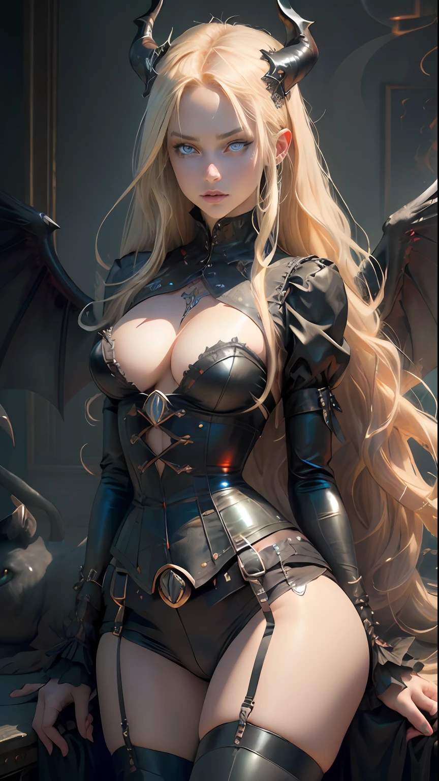 (((Perfect eyes))), ((Perfect limbs))), ((Perfect features))),Realistic masterpiece of a demon girl with long blonde hair, corsets, Horns, Black wings, cat eyes eyes, Perfect green eyes in dark environments.large full breasts,BDSM