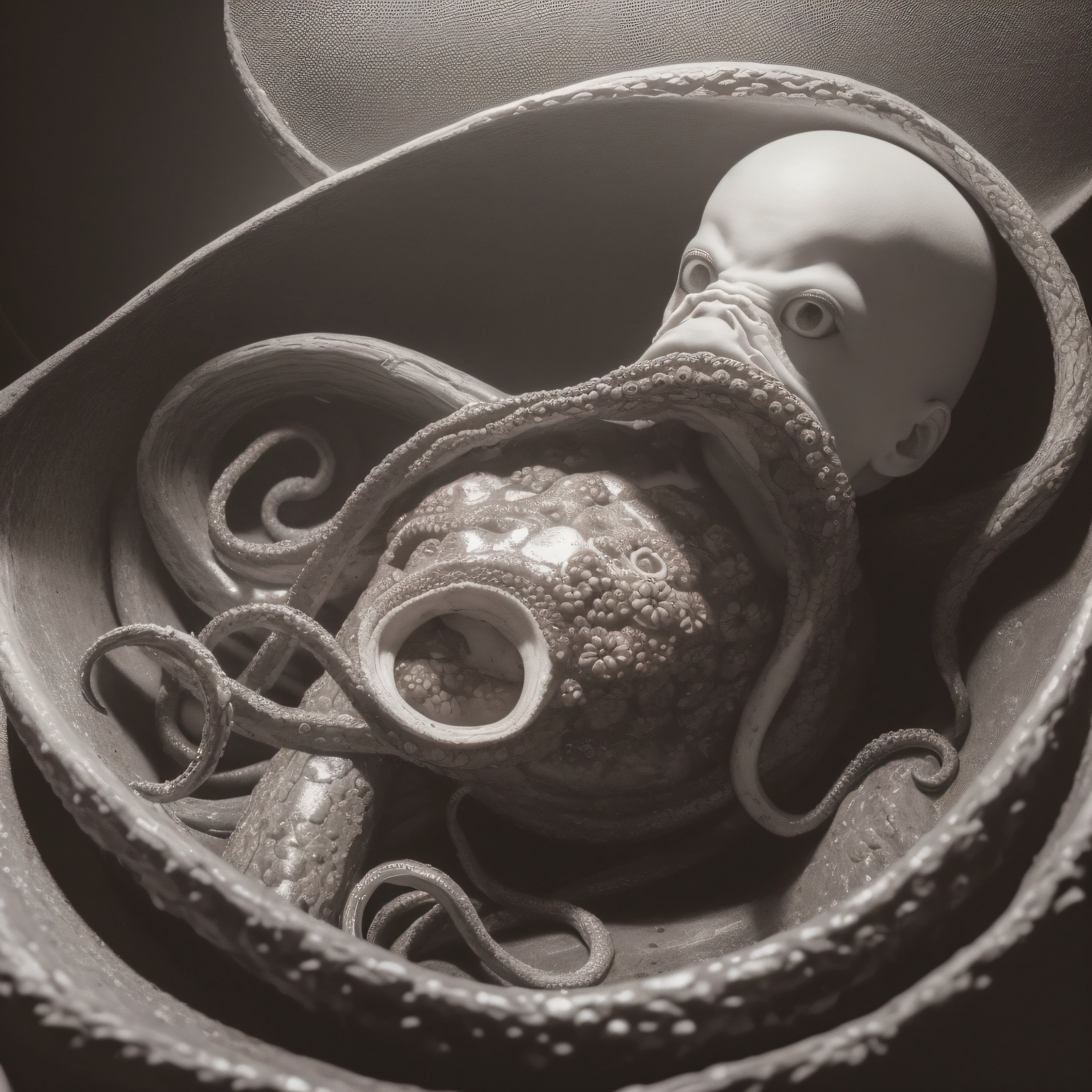 (extremadamente detallado, obra maestra, La mejor calidad), Estilo oscuro, intense illumination, rostro con arrugas, lengua larga, tentacle, deforme, monstruoso, interior de una piscina de agua verdosa, imagen submarina, alien con Colmillos finos, pico de pulpo amenazante. manchas de tinta. Rococo composition. Luz de caravaggio