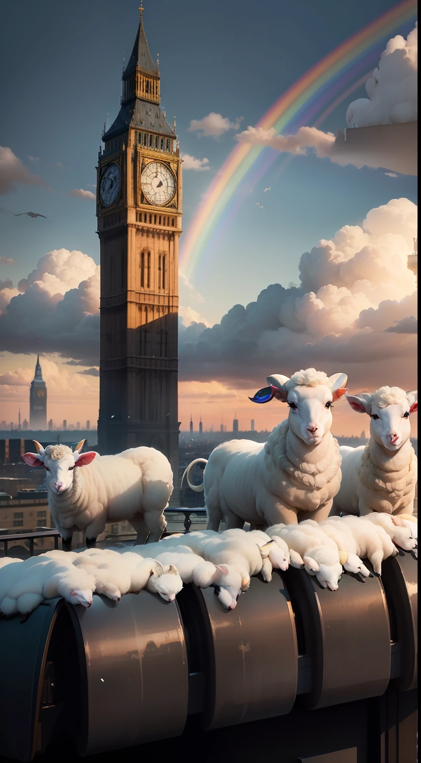 A large herd of lambs standing on top of a tall building in the middle of London city looking around curiously, (((wide shot))), sunset in background, skyscrapers, Big Ben, London bridge, (((London skyline))), buildings, city skyline, vibrant sky, (((subject: large herd of lambs standing on roof top of tall building))), cinematic, hyper realistic photo, 8k render, curious animals, overcast, (((herd of lambs))), rainbow in sky, snowfall, candid photo, English, city life, top view shot, numerous lambs