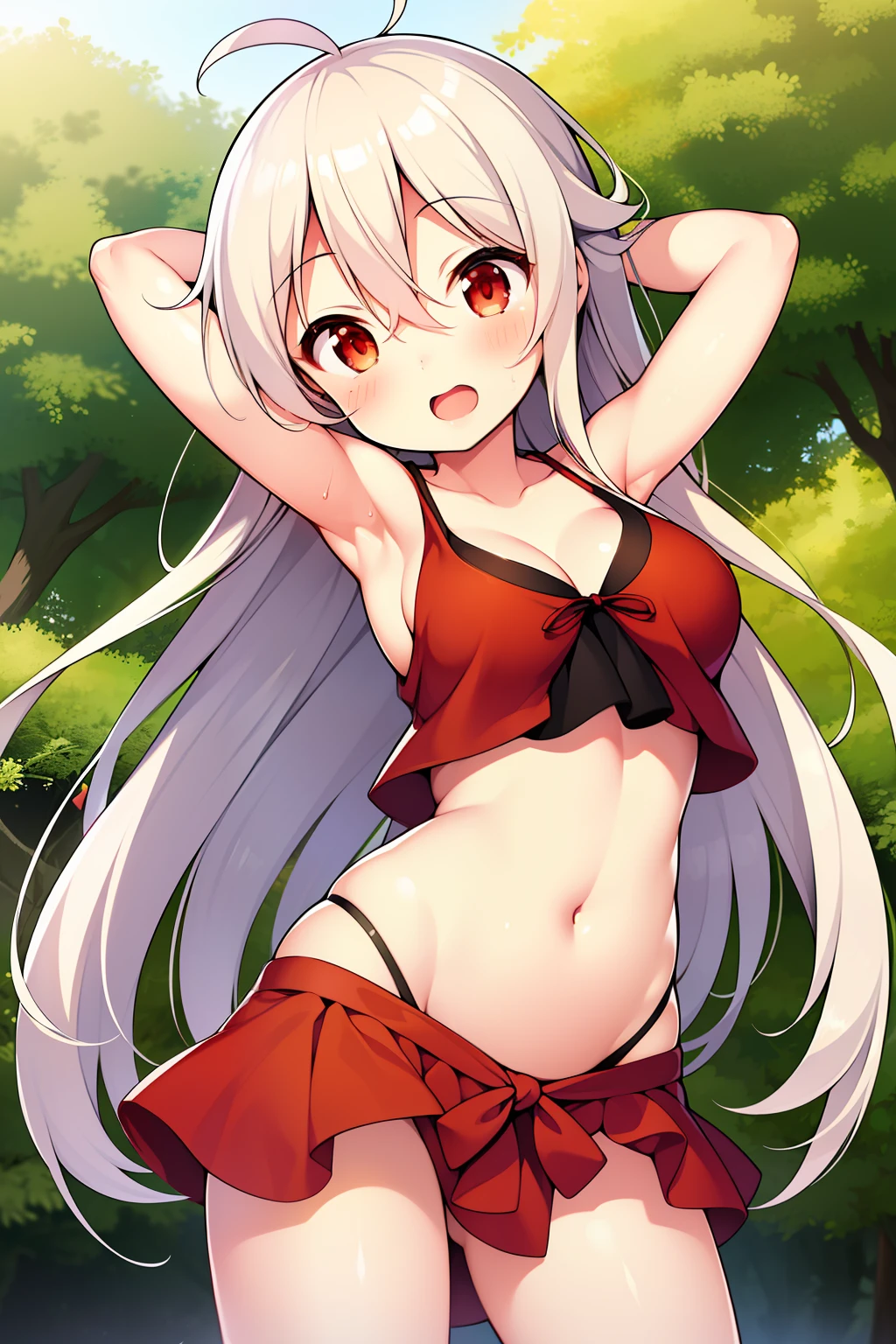 1girl, armpit_peek, chiya_(urara_meirochou), hair_between_eyes, harikamo, long_hair, official_art, red_eyes, silver_hair, solo, urara_meirochou