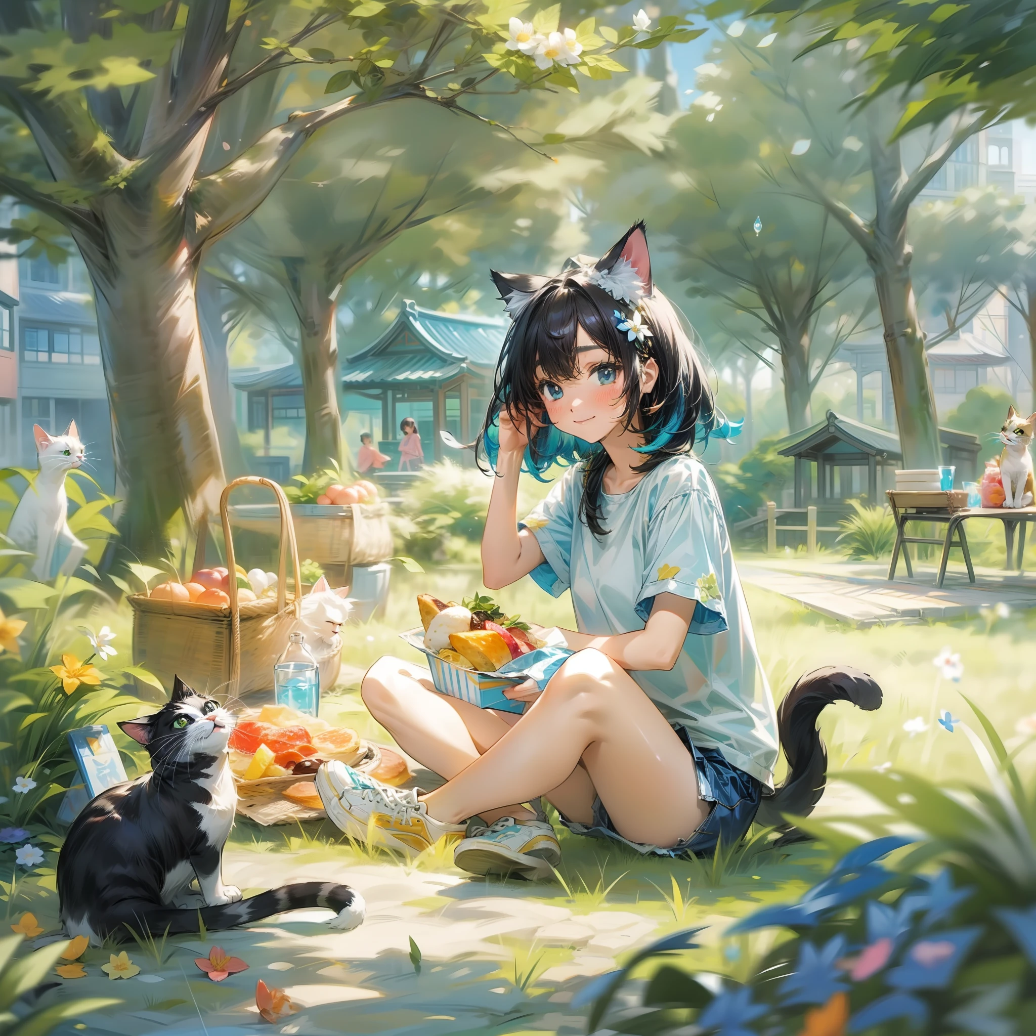 The subject is a young woman drawn in 8K resolution。She is a character with characteristic cat ears.、The short cut of black hair shows a vivid inner color、Its cat ears also reflect her facial expressions。Her outfit is casual style for spring and summer.、White t-shirt and denim shorts、Cute sneakers at the feet。

She sits on、A picnic spot in a corner of a green park。Colorful flowers around her々and green trees々Spread、The sky is clear、It creates a calm daytime atmosphere。In front of her was spread a picnic cloth.、On top of it are colorful fruits, sandwiches and other foods。

Her eyes with、Staring at a small cat sitting on my lap。The cat has a black and white pattern.、Licking the milk offered from her hand。In the distance, buildings in a big city are depicted、Indicates that the park is located in the center of the city of Japan。

The overall tone is brighter、warm。Mainly in the shades of spring and summer、Greenery and flowers in the park々Colors、The blue of the clear sky brightens the whole area.。8K resolution、Her cat ears and clothing material、More about food in your hands、Cat coat, etc.、Each element is vividly represented。

How about the picnic?、Shows that she is having a good time。Her cat ears reflect her fun and satisfaction、From the expression、You can tell that she deeply loves spending time with nature.。pure、Life in the park and、The intimate relationship that has sprouted between her and the cat、Creating a calm and happy atmosphere。