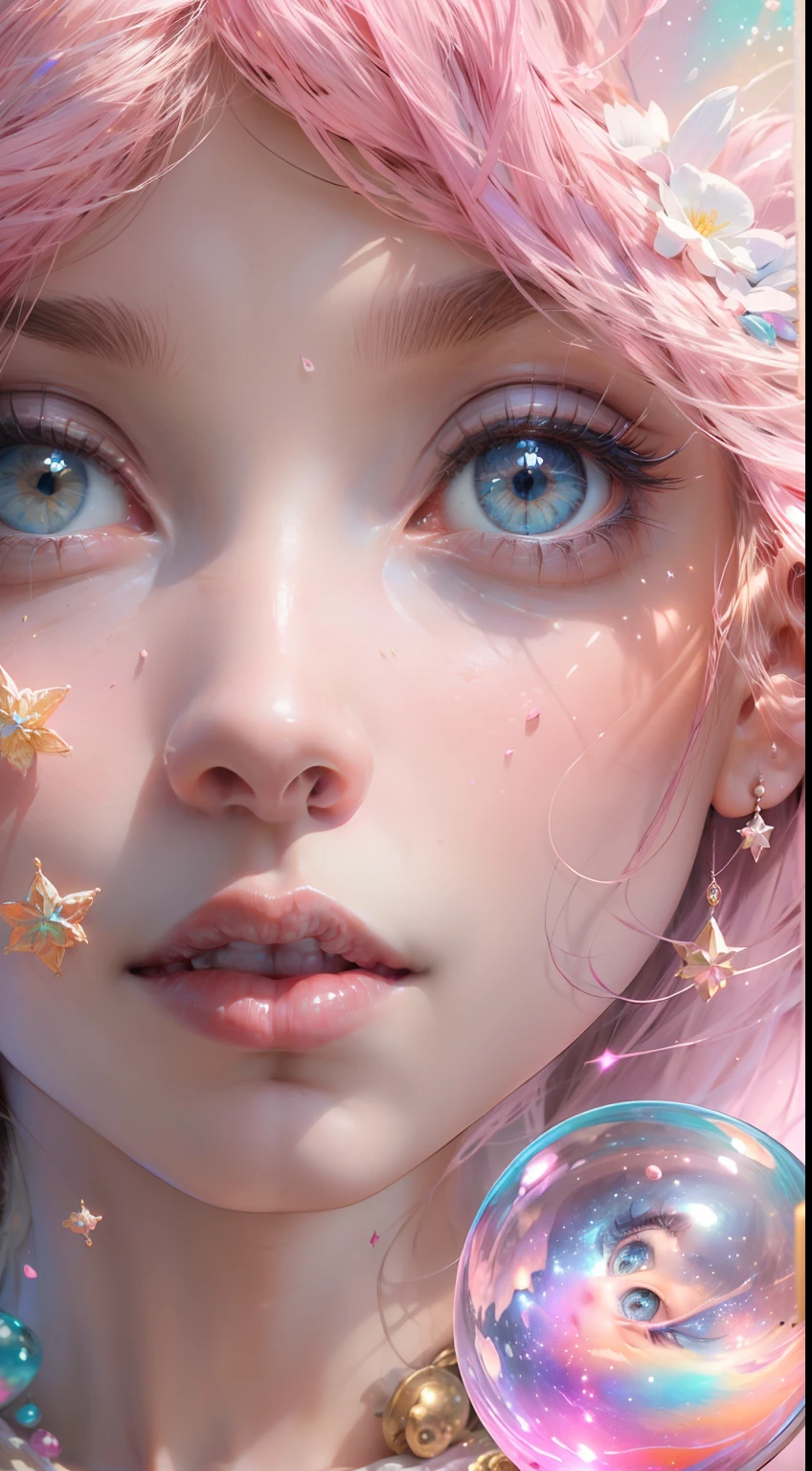 ((masterpiece)), best qualified, pink, a delicate fairy petite woman exploring a bubble gum world, light and space, a wide variety of pastel shades, All in high definition and detail, such as stars, galaxies, colorful petals, a lot of energy and emotion! With a detailed face and beautiful eyes! Include strong and unique facial features.