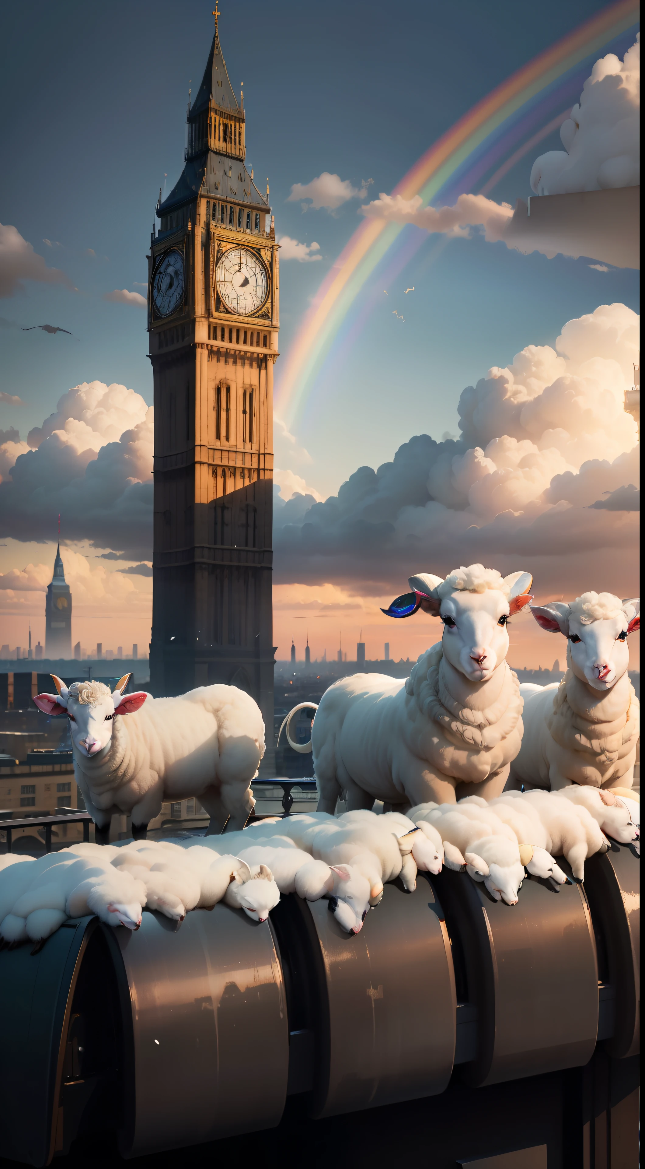 A large herd of lambs standing on top of a tall building in the middle of London city looking around curiously, (((wide shot))), sunset in background, skyscrapers, Big Ben, London bridge, (((London skyline))), buildings, city skyline, vibrant sky, (((subject: large herd of lambs standing on roof top of tall building))), cinematic, hyper realistic photo, 8k render, curious animals, overcast, (((herd of lambs))), rainbow in sky, snowfall, candid photo, English, city life, top view shot, numerous lambs