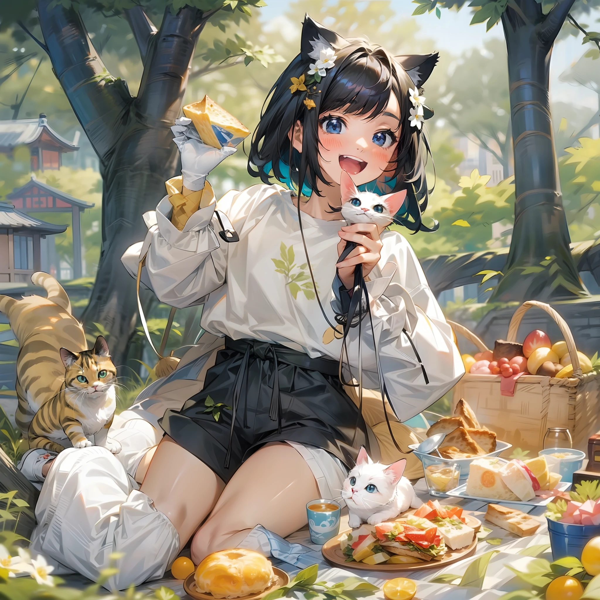 The subject is a young woman drawn in 8K resolution。She is a character with characteristic cat ears.、The short cut of black hair shows a vivid inner color、Its cat ears also reflect her facial expressions。Her outfit is casual style for spring and summer.、White t-shirt and denim shorts、Cute sneakers at the feet。
She sits on、A picnic spot in a corner of a green park。Colorful flowers around her々and green trees々Spread、The sky is clear、It creates a calm daytime atmosphere。In front of her was spread a picnic cloth.、On top of it are colorful fruits, sandwiches and other foods。
Her eyes with、Staring at a small cat sitting on my lap。The cat has a black and white pattern.、Licking the milk offered from her hand。In the distance, buildings in a big city are depicted、Indicates that the park is located in the center of the city of Japan。
The overall tone is brighter、warm。Mainly in the shades of spring and summer、Greenery and flowers in the park々Colors、The blue of the clear sky brightens the whole area.。8K resolution、Her cat ears and clothing material、More about food in your hands、Cat coat, etc.、Each element is vividly represented。
How about the picnic?、Shows that she is having a good time。Her cat ears reflect her fun and satisfaction、From the expression、You can tell that she deeply loves spending time with nature.。pure、Life in the park and、The intimate relationship that has sprouted between her and the cat、Creating a calm and happy atmosphere。
