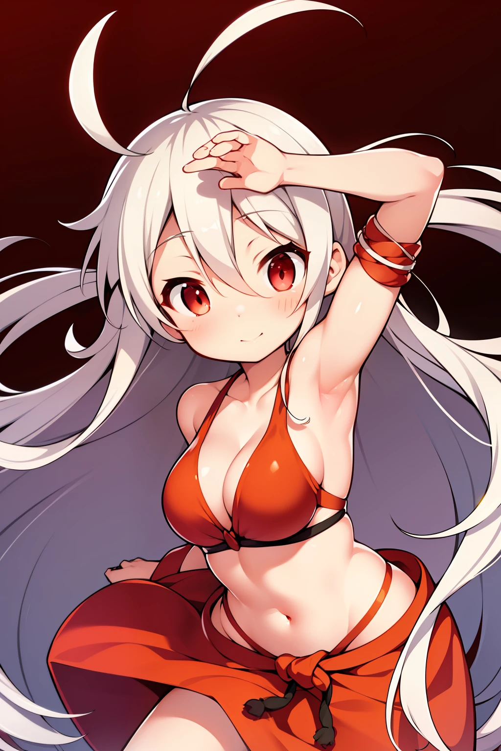 Solo character in an official artwork: Chiya from Urara Meirochou, with long silver hair and red eyes, hair falling between her eyes, armpit peek.