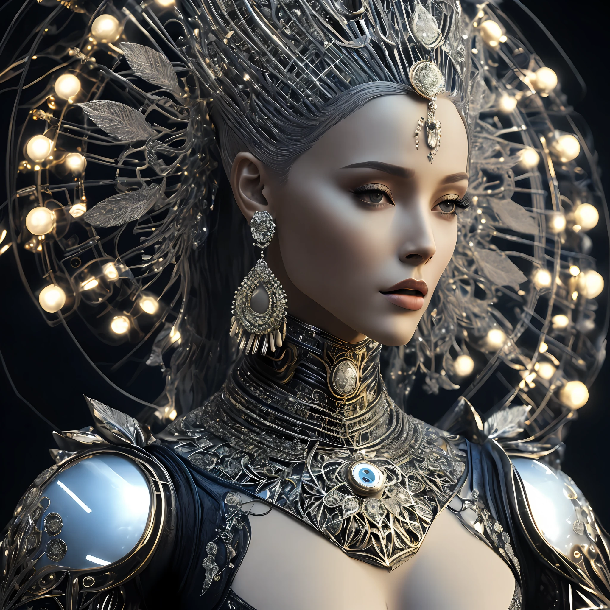 photore，sportrait，Complex 3D rendering of beautiful and charming biomechanical female robot，Has a porcelain finish、simulating、Beautiful natural light、rim-light、150mm lens、an aztec warrior、feater、nipple piercing、Aztec tattoo、flor branca、Vanilla leaves and stems、Meandering roots、white blossoms、Fine-leaved lace、steampunc、Silver-gold filigree detailing、alexander mcqueen haute couture、Pearl earrings、Art Nouveau embroidery、Hexagonal network cable、Mandelbro fractal、face muscles、cable wires、micro Chip、ellegance、Beautiful natural light，Studio lights，rim-light，The is very detailed，ultra-realistic realism，Sharp，rendering by octane,HR Giger style，Volumetriclighting，8 k post production，God floating on fire[The discovery of the wormhole causes the cursed prince of the New World to have to marry the Void]，[sci-fy：fanciful：0.6J movie lighting，detailedbackground，at centre，Michael Bay style，insane detailed，k hd，concept-art，number art，with dynamism，（The most beautiful art in the world：1.2），(Void 3 energy：1.3)
