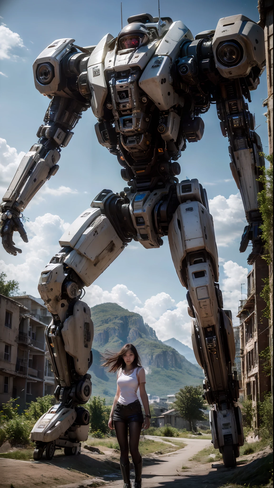 ((Best Quality)), ((Masterpiece)), (Very Detailed:1.3), 3D, Shitu-mecha, Beautiful cyberpunk woman with her pink mech in the ruins of a city in the forgotten war, Ancient technology, HDR (High Dynamic Range), ray tracing, NVIDIA RTX, super resolution, unreal 5, subsurface scattering, PBR texture, post-processing, anisotropic filtering, depth of field, maximum sharpness and sharpness, multi-layer texture, albedo and highlight maps, surface shading, Accurate simulation of light-material interactions, perfect proportions, octane rendering, duotone lighting, low ISO, white balance, rule of thirds, wide aperture, 8K RAW, efficient sub-pixels, subpixel convolution, luminescent particles, light scattering, Tyndall effect