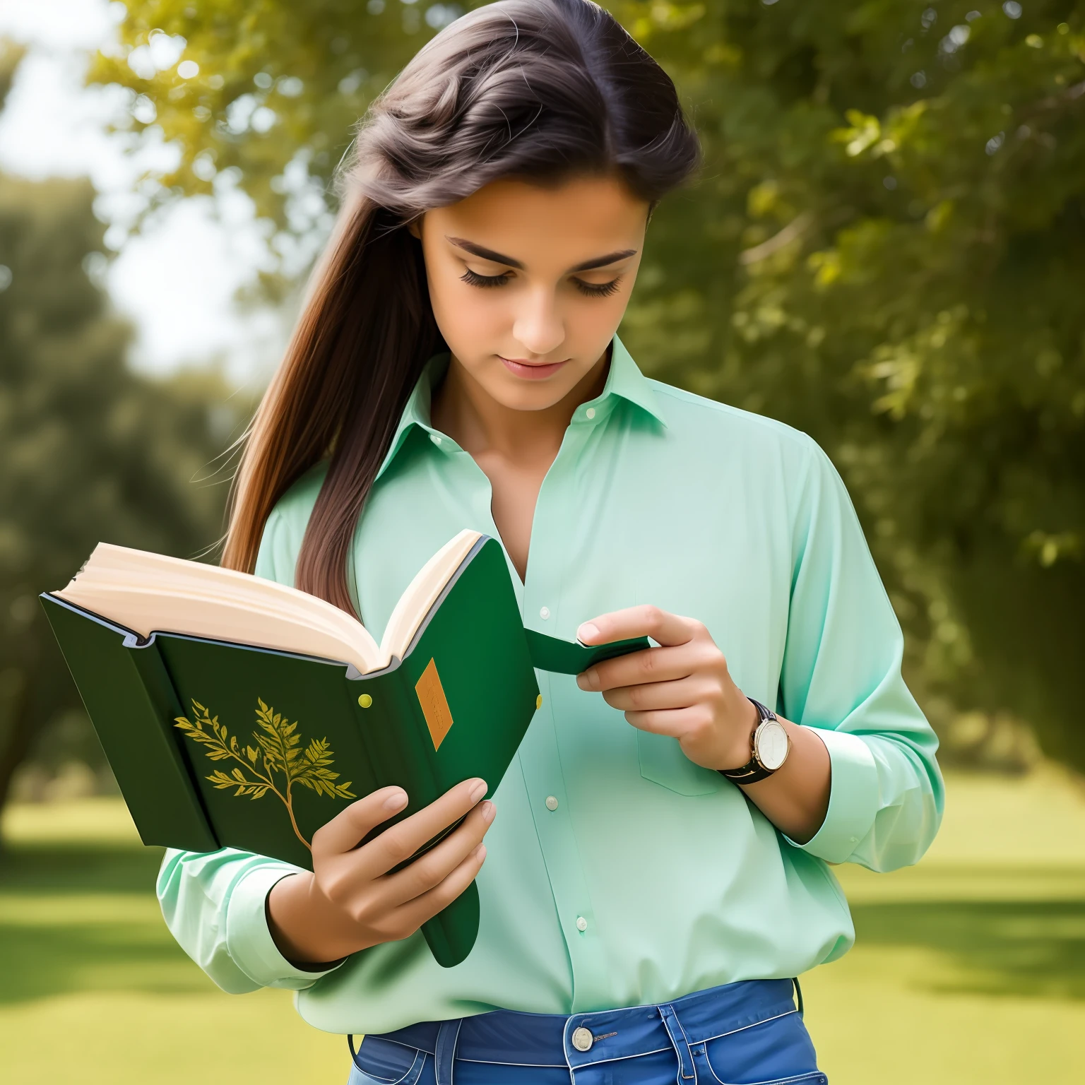 barnet, Loira, olhos verdes, Camisa Colorida, with book in hand