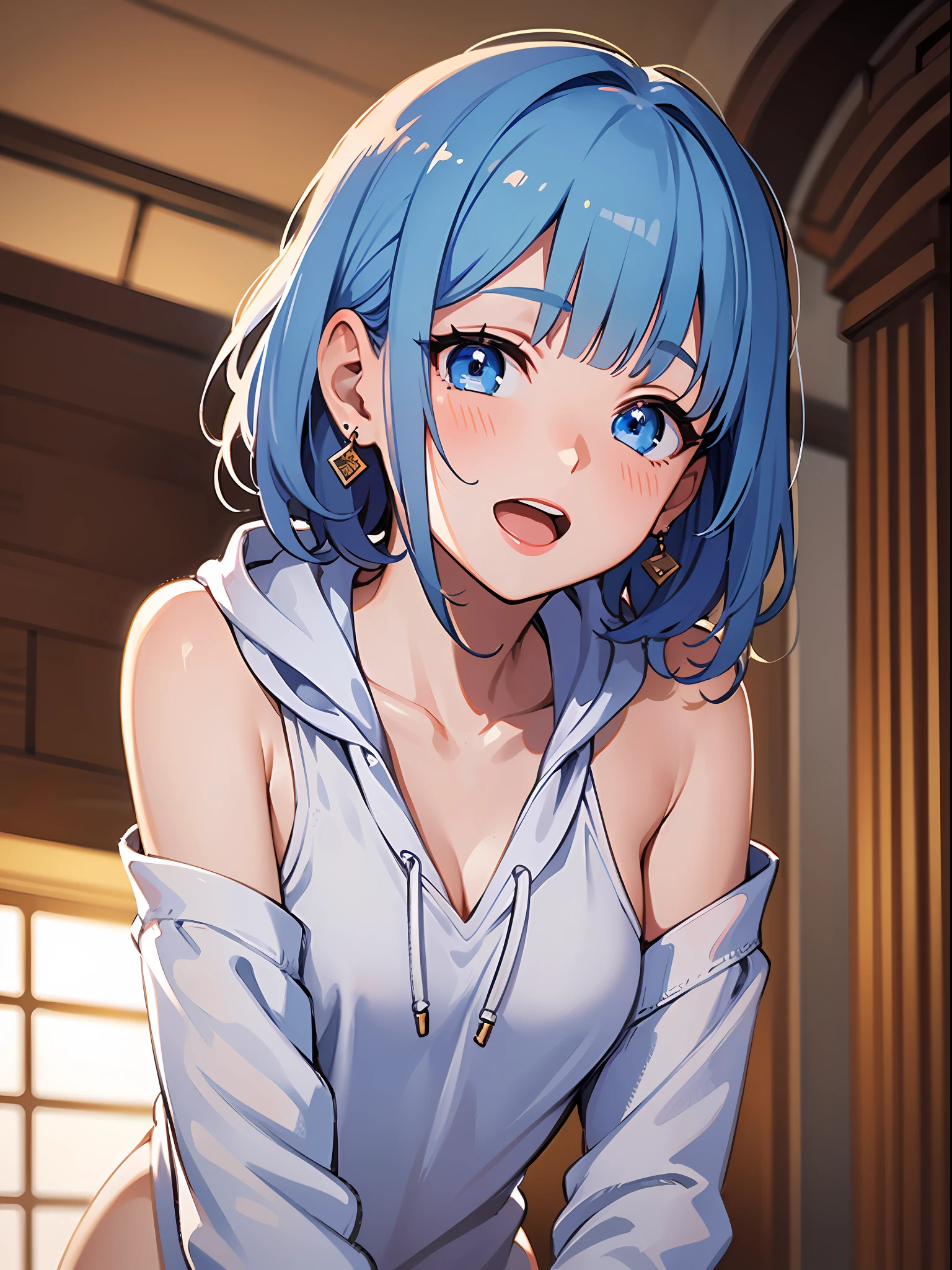 (masterpiece:1.3), (best quality:1.3), high resolution, 


overlook view, couboy shot, 
leaning forward, body facing forward, 

(one cute girl:1.3), solo, 
white skin, small Breast, eight-headed person, 
light blue hair, (bobbed hair:1.2), (short hair:1.1), (blunt bangs:1.2), beautiful hair, blue eyes, beautiful detailed eyes, 

blush, open mouth, cheerful smile, 

hoodie with an open chest, nude, detached sleeves, earrings, 

indoors, 

shadowlighting,