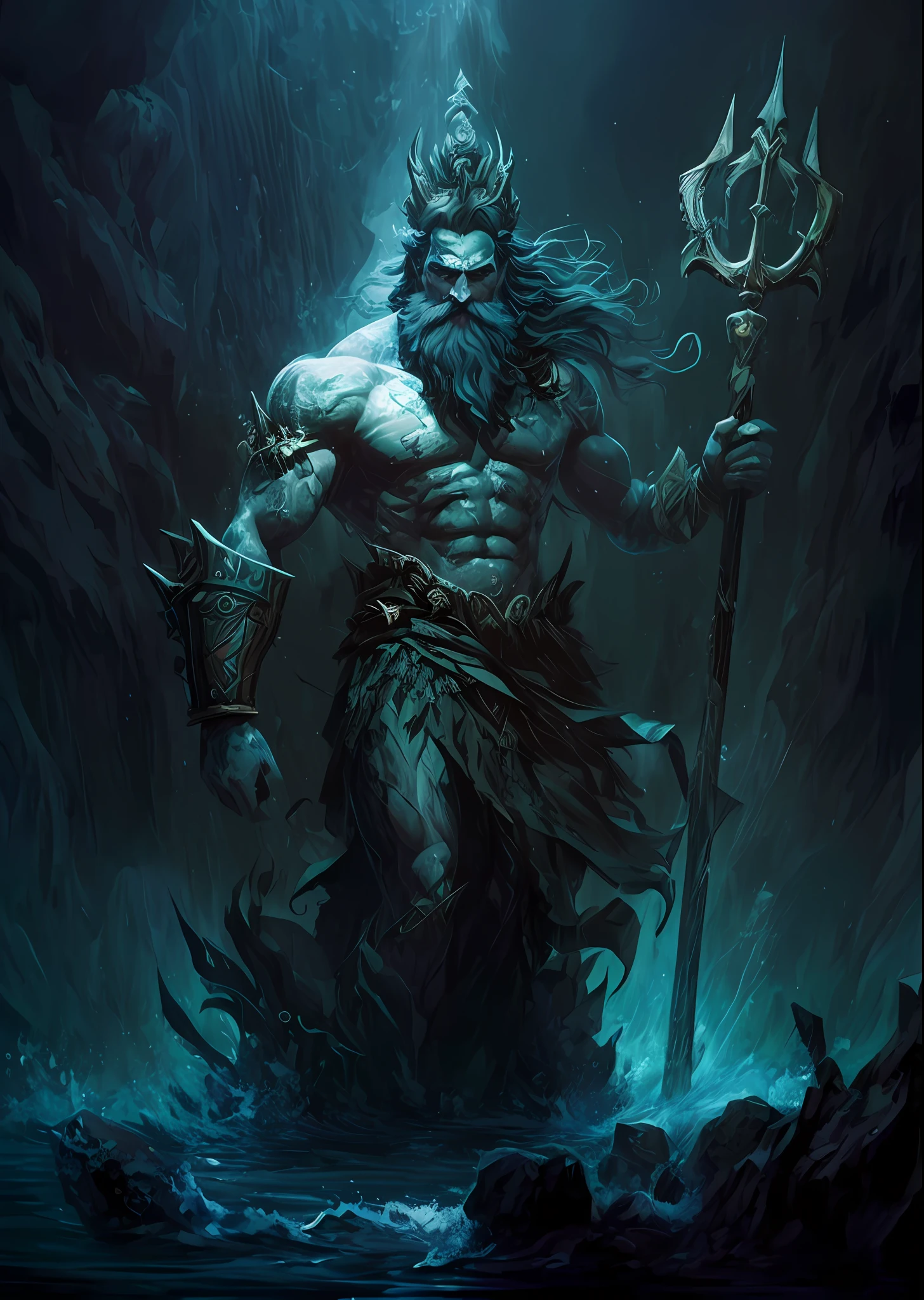 a painting of a man with a spear and a large body of water, The God Poseidon, The God of the Sea, The God Hades, Poseidon, Charon, The Boatman of Hades, God of the Ocean, God of the Underworld, Hades, God Shiva the Destroyer, Furious God Zeus, Like an Atlantean