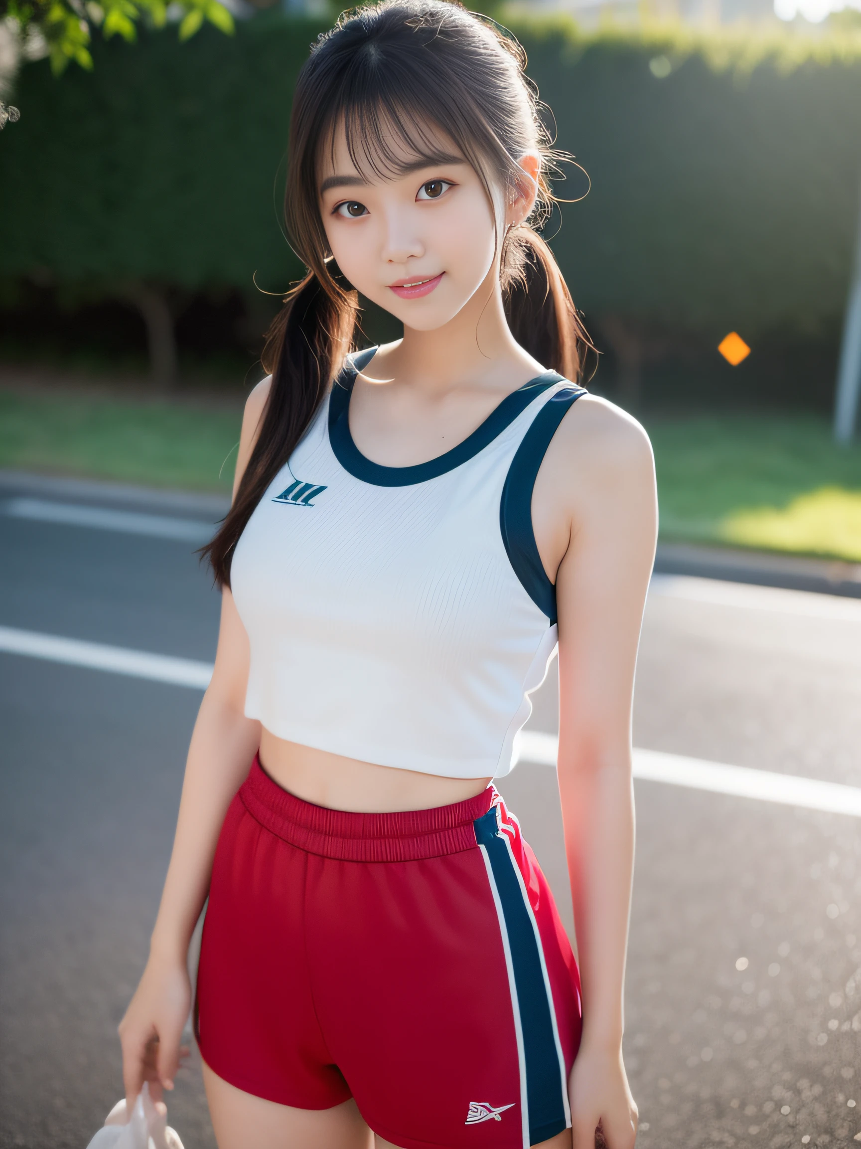 (8K、top-quality、masterpiece:1.2)、(realisitic、Photorealsitic:1.37)、ultra-detailliert、top-quality、超A high resolution、From head to thigh、professionally lit、Photon mapping、Radio City、physically-based renderingt、Cinematic lighting,Gymnasium、depth of fields,Focusing,Sun'rays,Good composition,(Bokeh:1.2),女の子1人,(full body Esbian),(A smile),Beautiful eyes,the pose,Constriction,Basketball Uniforms,Cropped tank top、A dark-haired,poneyTail,(ulzzang-6500:1.2) mix4, hiqcgbody