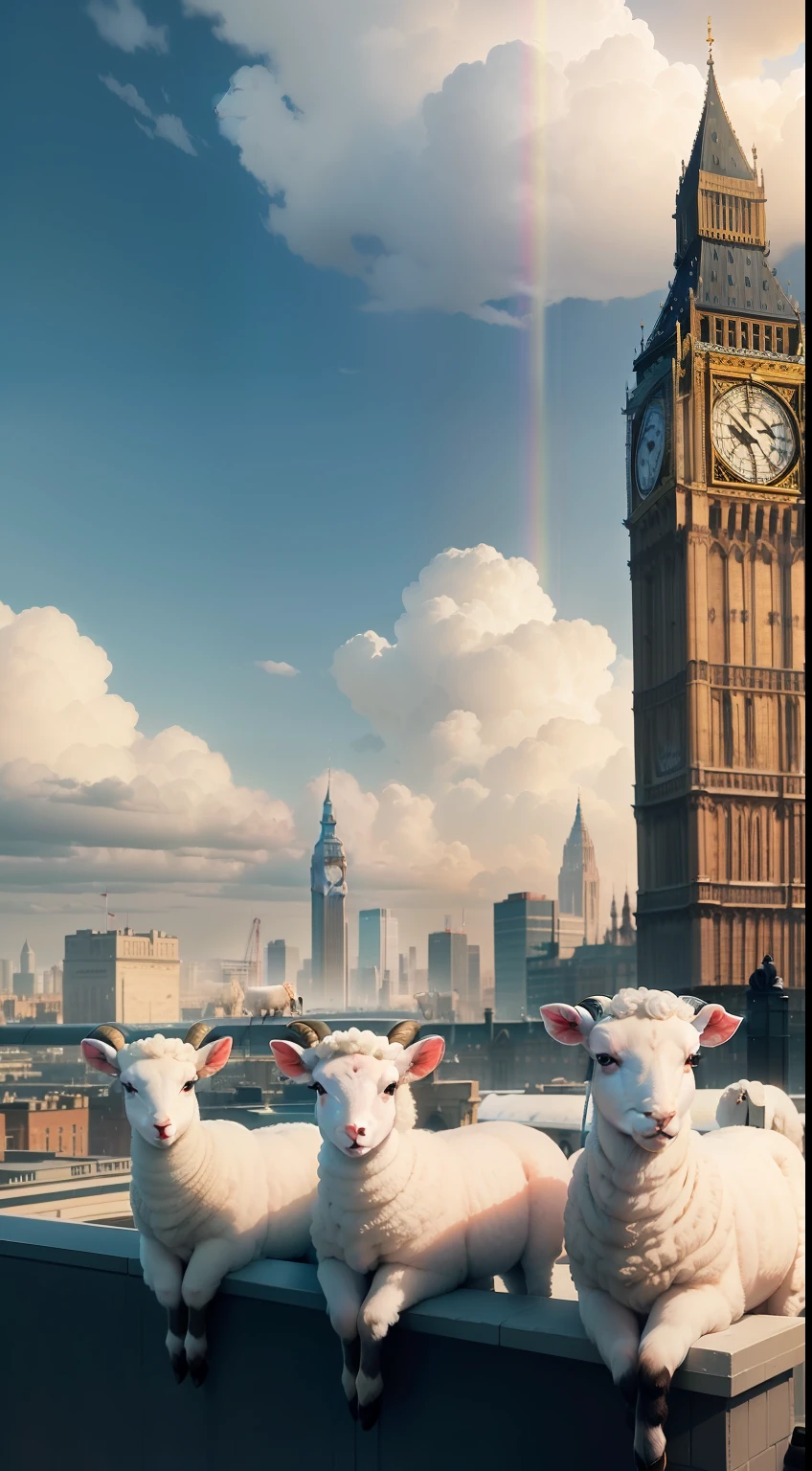 A large herd of lambs standing on top of a tall building in the middle of London city looking around curiously, (((wide shot))), sunset in background, skyscrapers, Big Ben, London bridge, (((London skyline))), buildings, city skyline, vibrant sky, (((subject: large herd of lambs standing on roof top of tall building))), cinematic, hyper realistic photo, 8k render, curious animals, overcast, (((herd of lambs))), rainbow in sky, snowfall, candid photo, English, city life, top view shot, numerous lambs