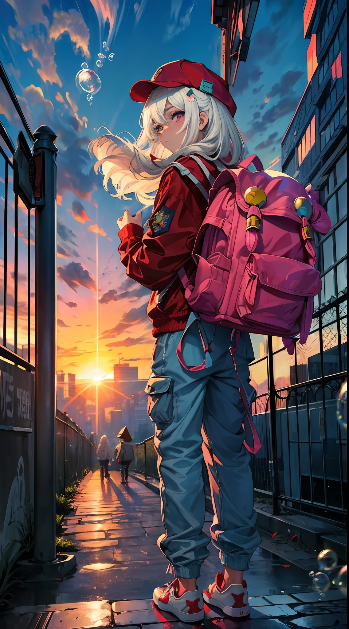 (Masterpiece), (Best Quality), (Extra Detail: 1.4), (Long white Hair), ( Eyes), (Bubble Gum), (Hip Hop red Style), Hat, long pants (Carrying blue Backpack), standing close up Iron Fence, One Hand Hanging Between Your Feet, the Other on Your Cheek, and the Sun Rising from Behind, city background, variation colors