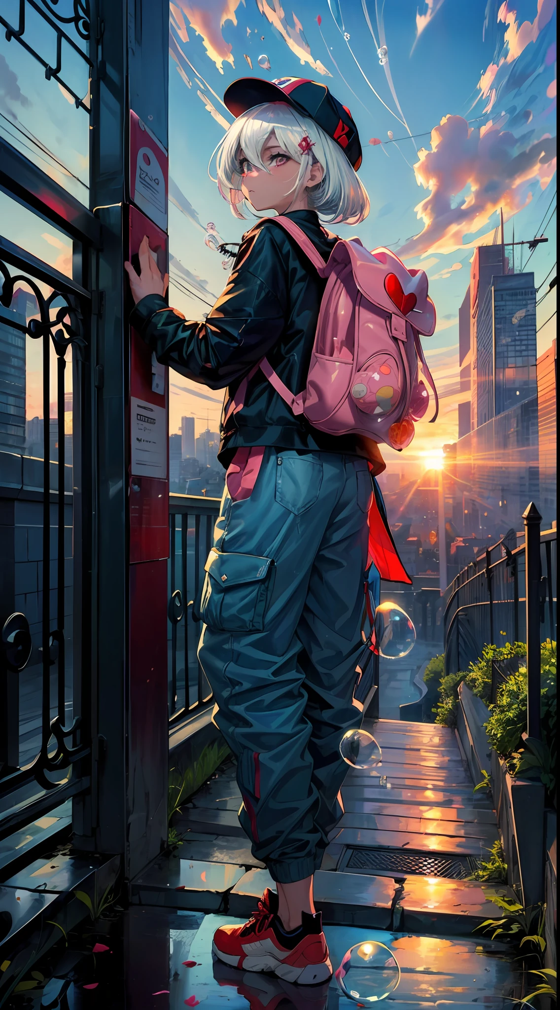 (Masterpiece), (Best Quality), (Extra Detail: 1.4), (Long white Hair), ( Eyes), (Bubble Gum), (Hip Hop red Style), Hat, long pants (Carrying blue Backpack), standing close up Iron Fence, One Hand Hanging Between Your Feet, the Other on Your Cheek, and the Sun Rising from Behind, city background, variation colors