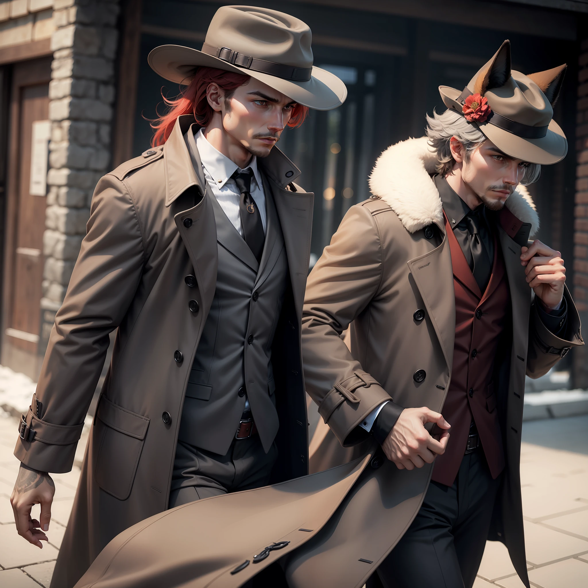 red fox,fury,Gentleman's hat,Gray trench coat
