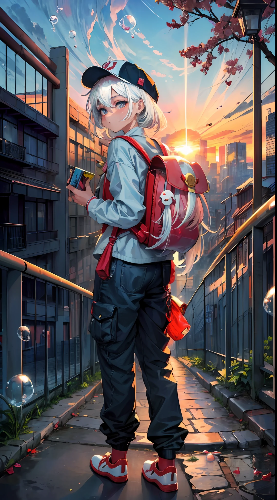 (Masterpiece), (Best Quality), (Extra Detail: 1.4), (Long white Hair), ( Eyes), (Bubble Gum), (Hip Hop red Style), Hat, long pants (Carrying blue Backpack), standing close up Iron Fence, One Hand Hanging Between Your Feet, the Other on Your Cheek, and the Sun Rising from Behind, city background, variation colors
