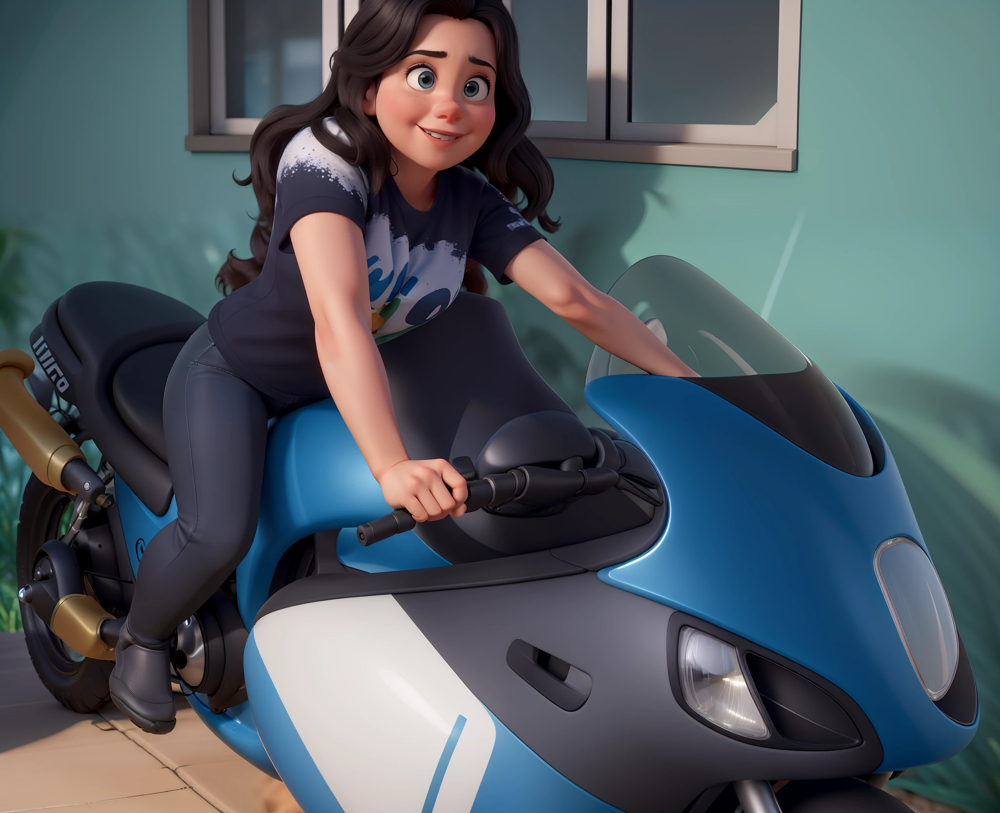 obra-prima, melhor qualidade, retrato de uma senhora de 50 anos, em alta qualidade 8K, cabelos lisos ultra detalhados preto, camiseta preta, black pant, olhos detalhados no estilo pixar, highlighting a blue bike she's riding, uma moto de corrida, Linda, Professional studio lighting, Cinematic lighting with high quality in 8K, Estilo Disney da Pixar, ao fundo uma paisagem de praia, com areias definidas, mar com ondas calmas, com arvores ao fundo, sunset to blurry background