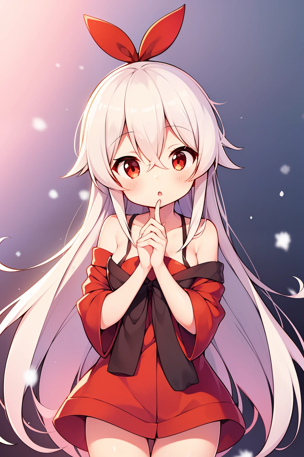 1girl, :o, bad_id, bad_twitter_id, breath, chiya_(urara_meirochou), commentary_request, creature, harikamo, long_hair, own_hands_together, red_eyes, snow_rabbit, snowing, solo, urara_meirochou, white_hair, winter