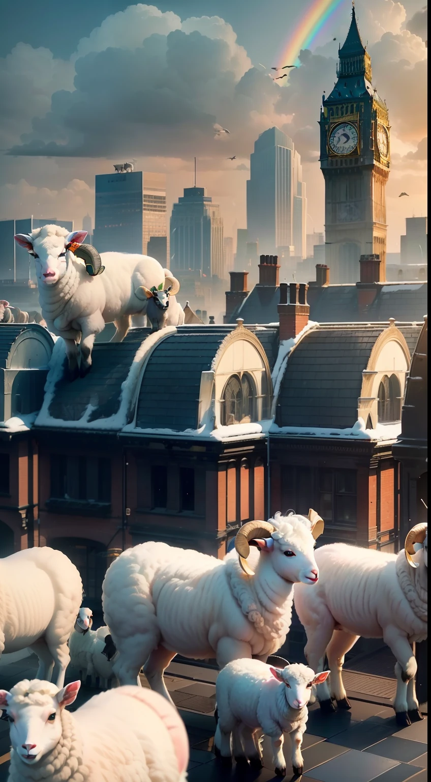 A large herd of lambs standing on top of a tall building in the middle of London city looking around curiously, (((wide shot))), sunset in background, skyscrapers, Big Ben, London bridge, (((London skyline))), buildings, city skyline, vibrant sky, (((subject: large herd of lambs standing on roof top of tall building))), cinematic, hyper realistic photo, 8k render, curious animals, overcast, (((herd of lambs))), rainbow in sky, snowfall, candid photo, English, city life, top view shot, numerous lambs