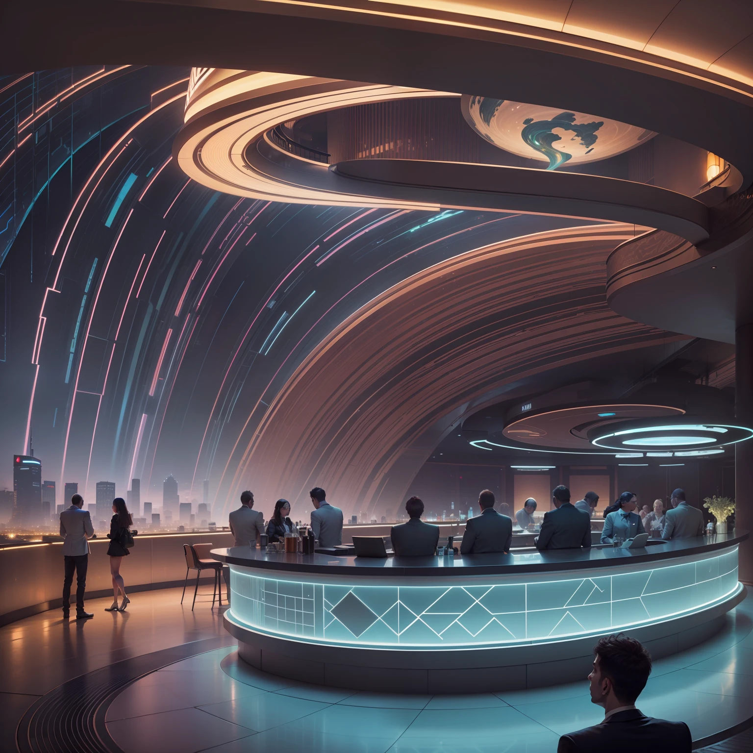 Reception of luxury hotels　epcot　near future　cyberpunked　top-quality　​masterpiece　超A high resolution