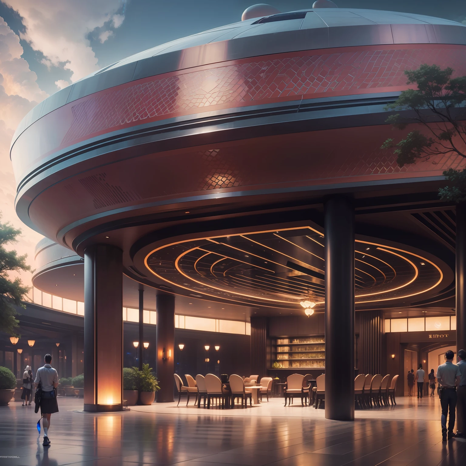 Reception of luxury hotels　epcot　near future　cyberpunked　top-quality　​masterpiece　超A high resolution