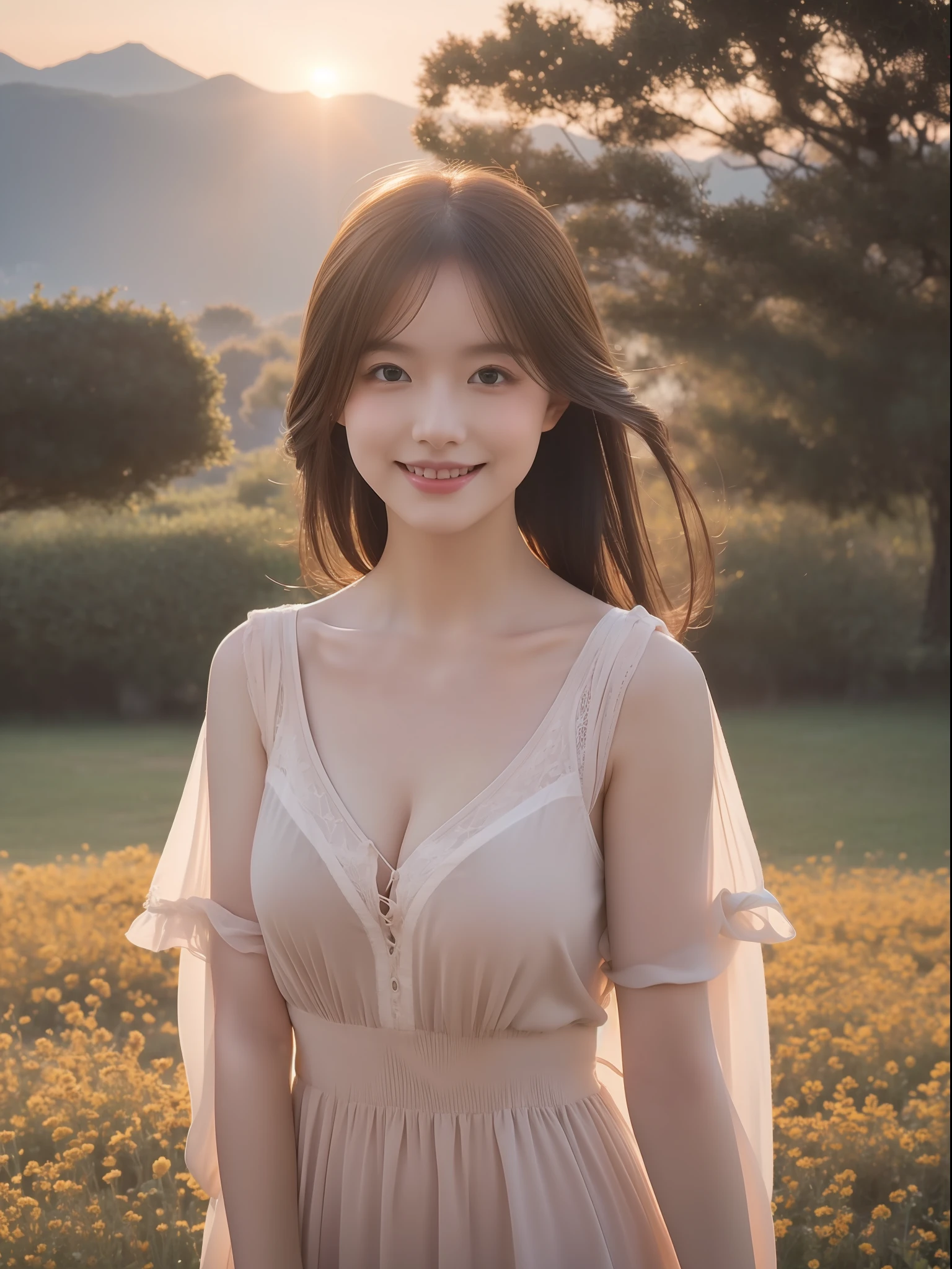 Vast landscape photo, a girl standing on a flower field looking up,, delicate background, distant mountains, trees BREAK making art, (warm light source: 1.2), intricate details, volumetric lighting BREAK (masterpiece: 1.2), (best quality), 4k, ultra-detailed, (dynamic composition: 1.4), rich detail, big breasts, (luminous, atmospheric lighting), (solo: 1.2), blush, especially many details, delicate hair, white, smile, sunset
