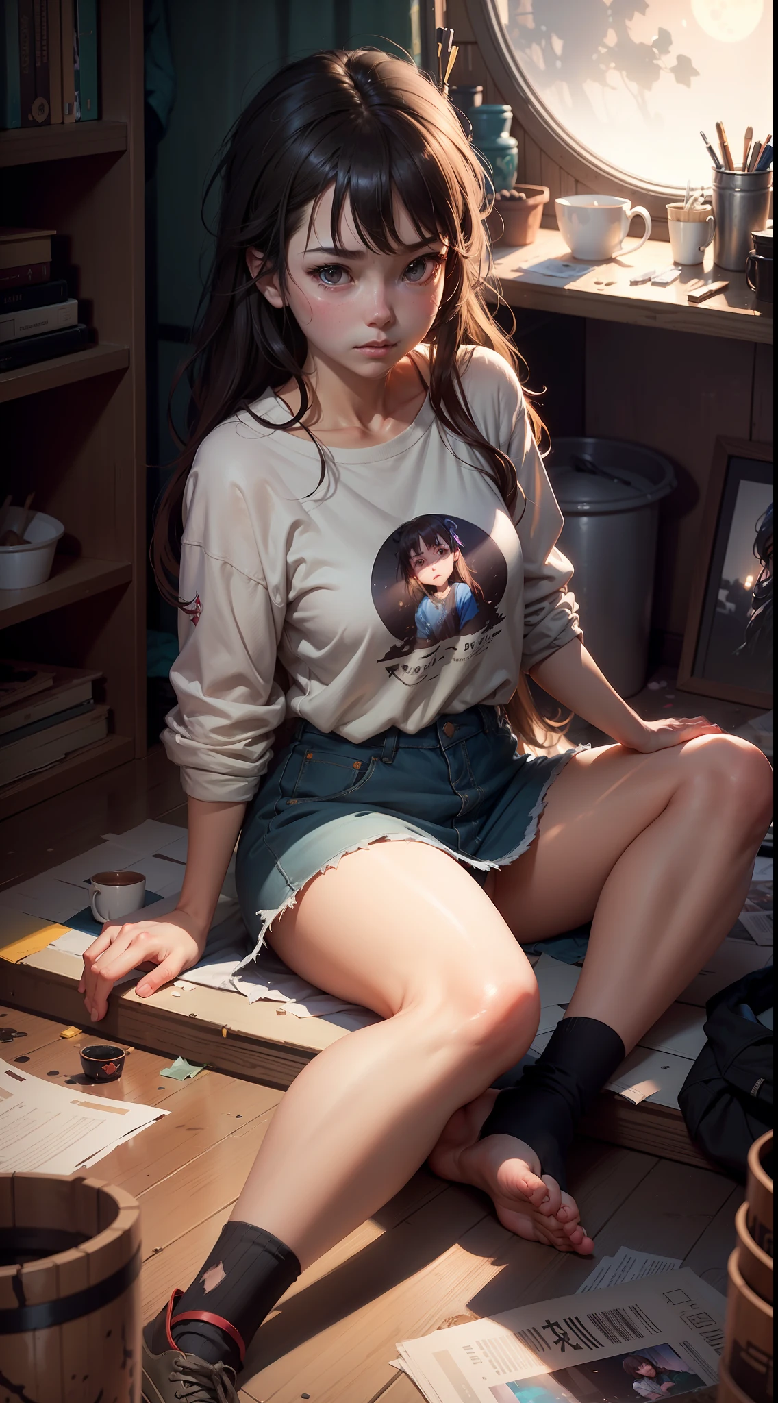 a girl, sitting in her messy room, in a room full of pots and trees, full moon in the background. by makoto shinkai, stanley artgerm lau, wlop, rossdraws, james jean, andrei riabovitchev, marc simonetti, krenz cushart, sakimichan, trending on artstation, digital girl, sitting in her messy room, wlop, trending on cgsociety, trending on artstation