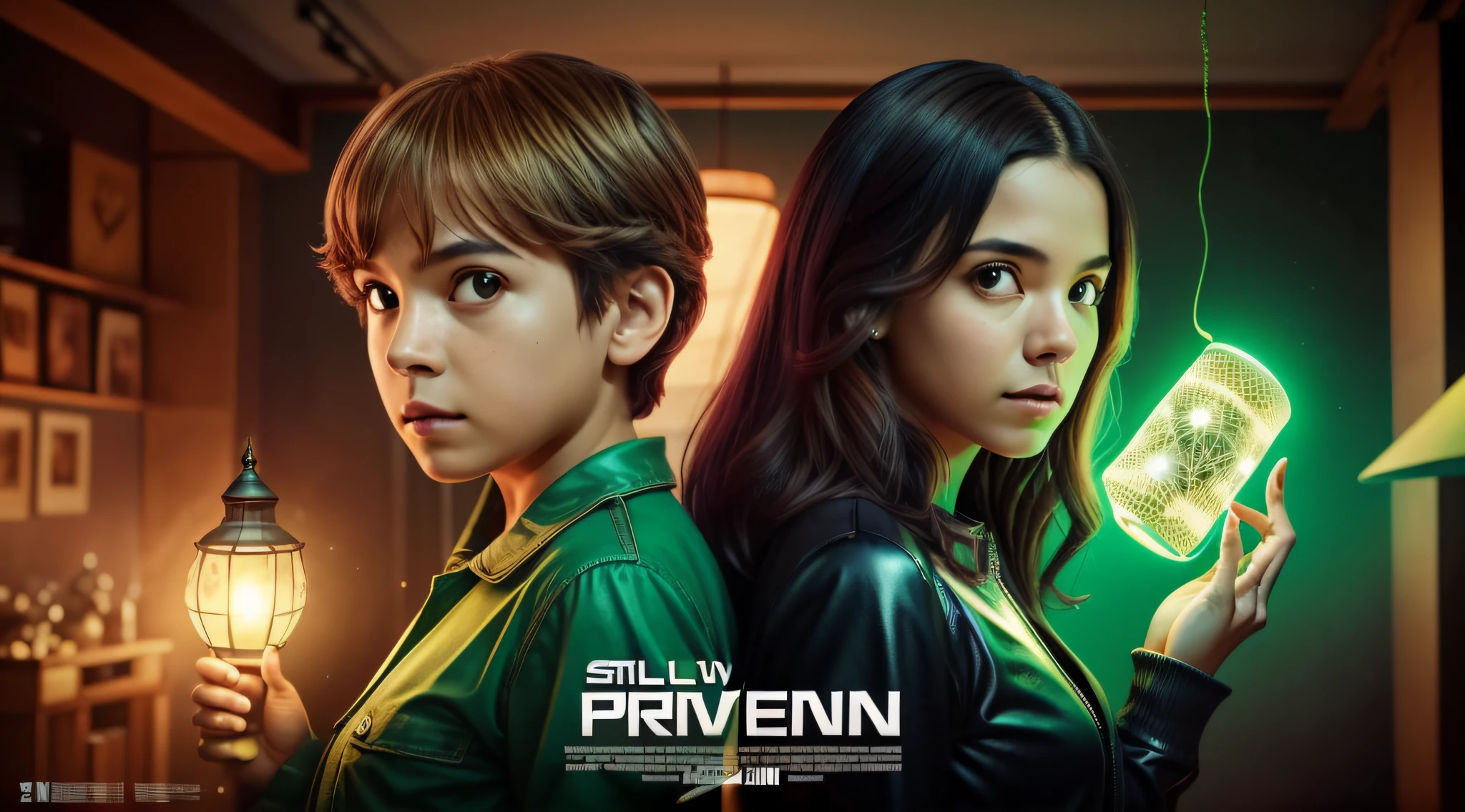 There are two boys who are holding a lamp, imagem promocional do filme, imagem promocional, Imagem promocional, arte promocional, Programa de TV, next gen, arte chave, horror ", horror", brilho verde, Directed by: Fernando Gerassi, olhos verdes sobrenaturais, verde brilhante, filme premiado ainda, foto do cartaz, imagem promocional, filme promocional ainda, still image from tv series