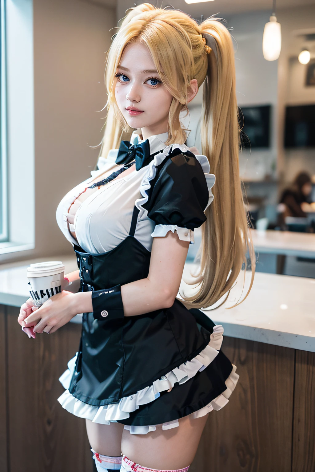 1girl, (Blue eyes), cute smile, ((Sana Minatozaki)), wide hips, Big breasts, big butt, (Best Quality, 8k, Masterpiece: 1.3)), Clear focus: 1.2, Perfect body beauty: 1.4, Slender abs: 1.2, Wet body: 1.5, Highly detailed face and skin texture, detailed eyes, double eyelids ((twintails blonde hair)), long legs, maid, black-pink _maid outfit, white thigh high stockings, high heels, tray in hand, walking, serving coffee to people, in a colorful maid cafe, (full shot)