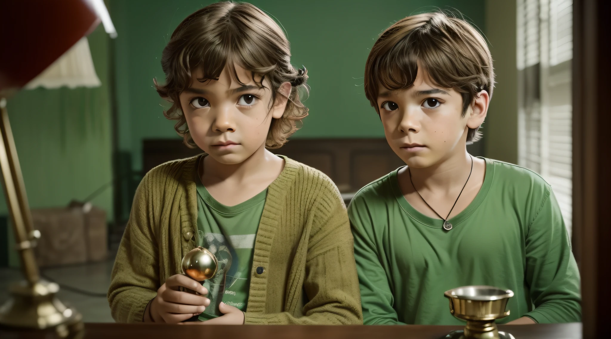 There are two boys who are holding a lamp, imagem promocional do filme, imagem promocional, Imagem promocional, arte promocional, Programa de TV, next gen, arte chave, horror ", horror", brilho verde, Directed by: Fernando Gerassi, olhos verdes sobrenaturais, verde brilhante, filme premiado ainda, foto do cartaz, imagem promocional, filme promocional ainda, still image from tv series