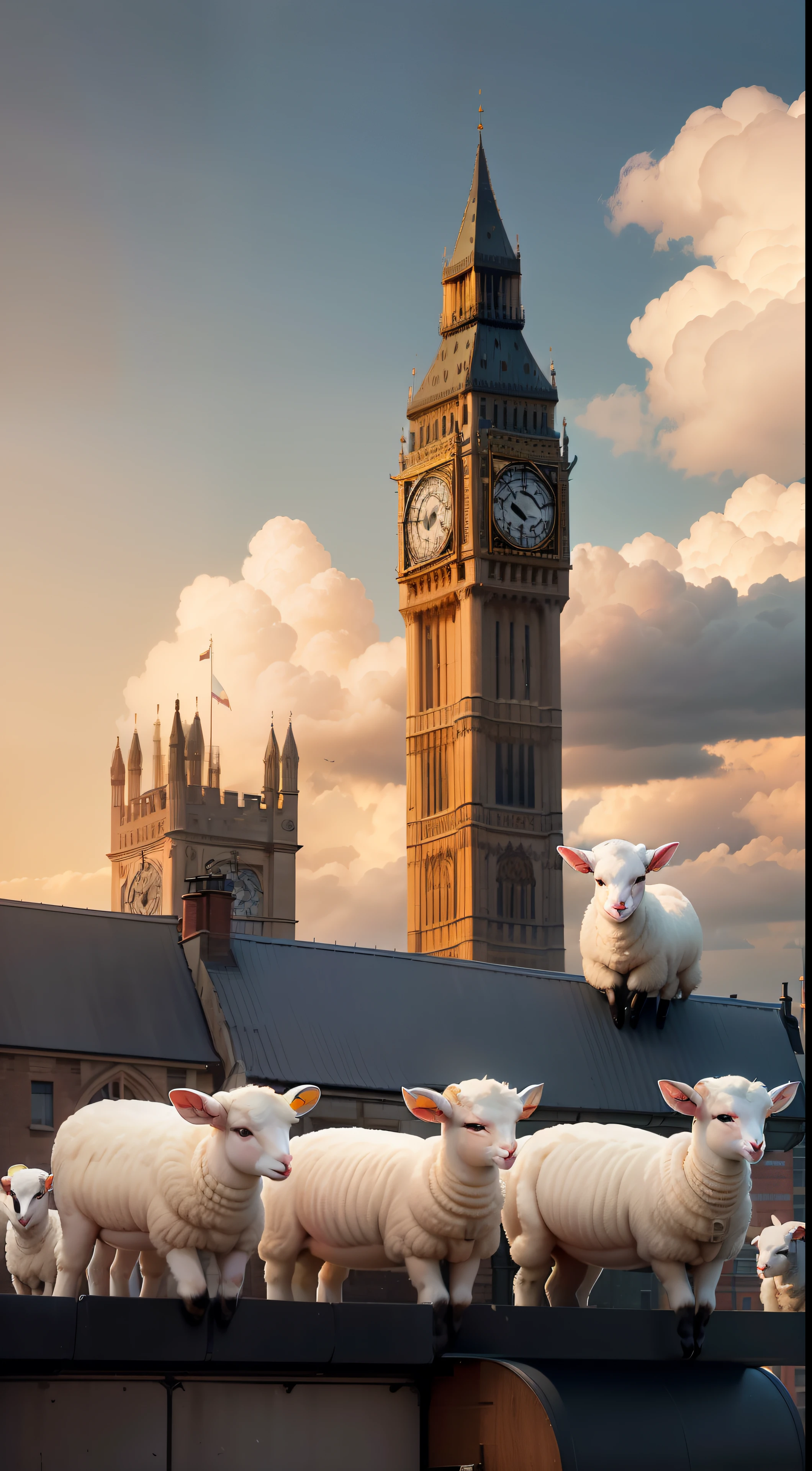 A large herd of lambs standing on top of a tall building in the middle of London city looking around curiously, (((wide shot))), sunset in background, skyscrapers, Big Ben, London bridge, (((London skyline))), buildings, city skyline, vibrant sky, (((subject: large herd of lambs standing on roof top of tall building))), cinematic, hyper realistic photo, 8k render, curious animals, overcast, (((herd of lambs))), rainbow in sky, snowfall, candid photo, English, city life, top view shot, numerous lambs