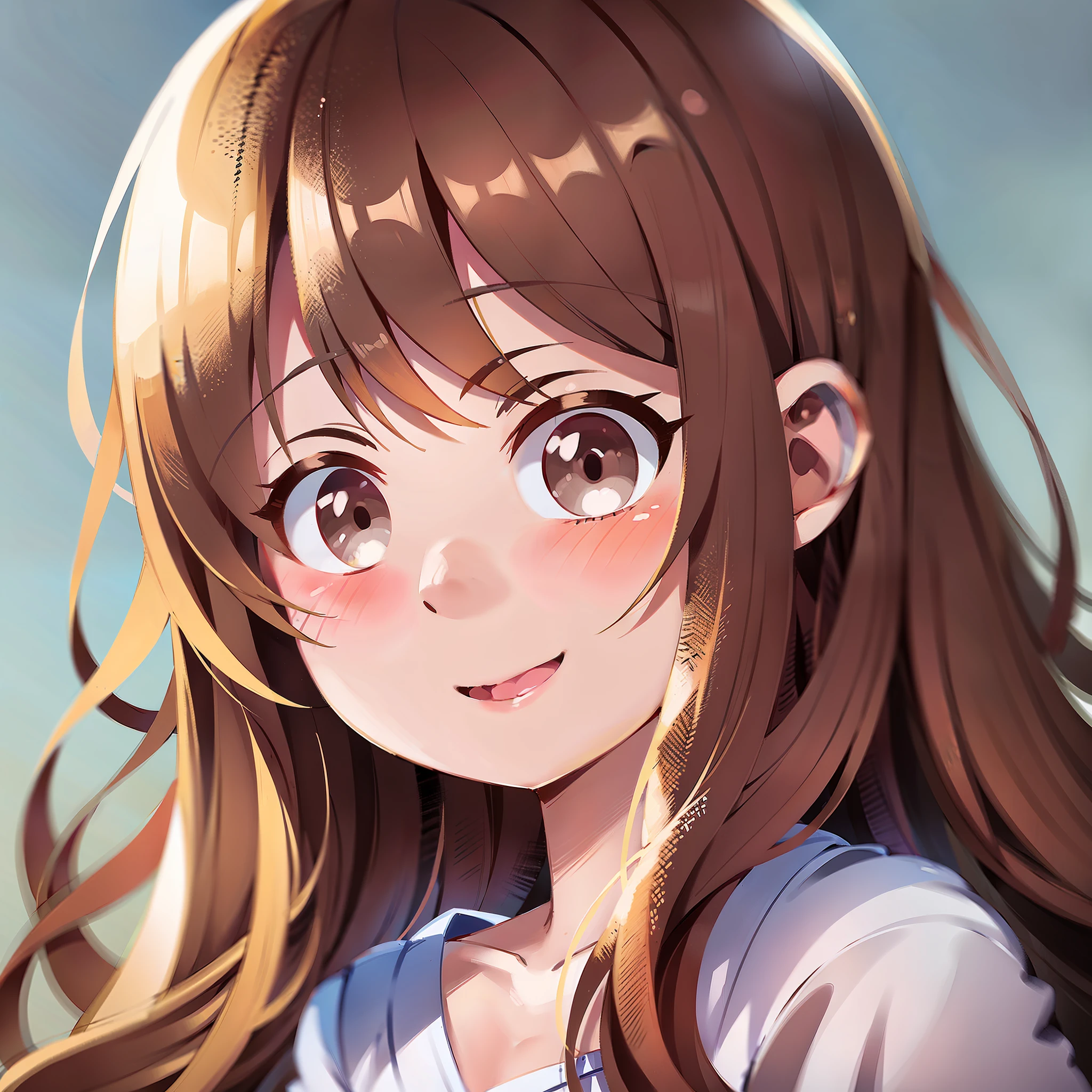 cute anime  girl, portrait from chest up, closed lip smile, rosy cheeks, big bright shiny eyes, slightly wavy hair, 4 years  lighting, simple background, high resolution