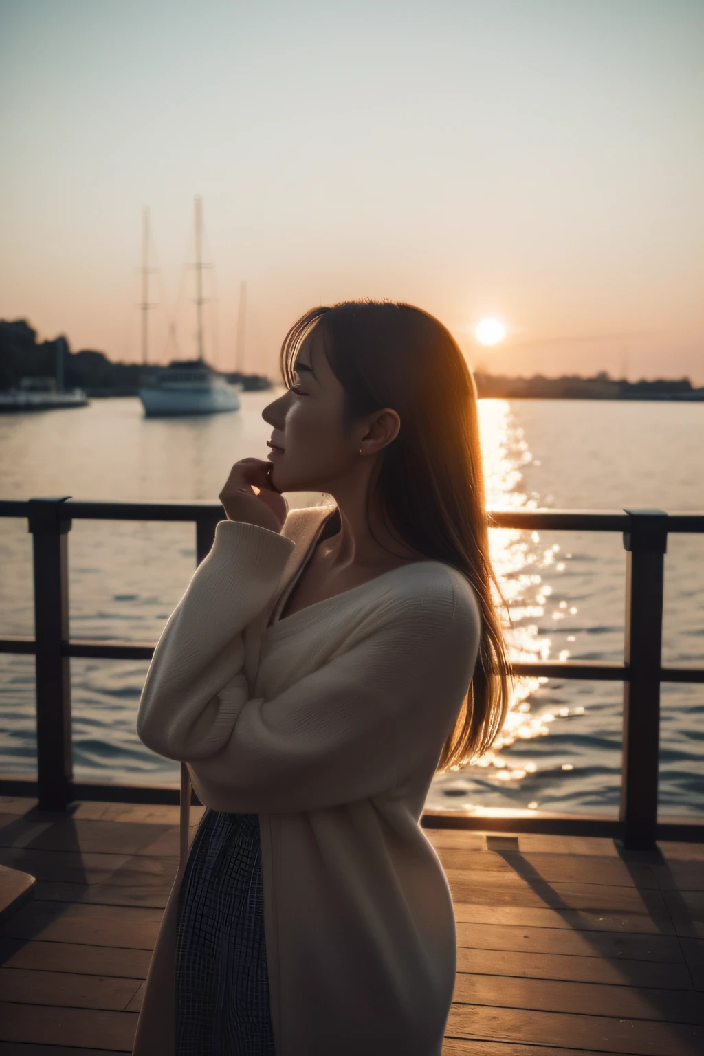 (Masterpiece、top-quality、Top image quality)、(Stylish farewell)、(Japan Woman、of young good looks、Melancholy、Adoration、Love between a man and a woman、Parting),Standard jazz scene、harbour、(Life has an end Love comes to an end、In the fall, dead leaves parted with twigs In the evening, the sun leaves the sky No one sheds tears Don't cry, don't cry Let's say goodbye)、Moody adult movies、Hawk on the dock、