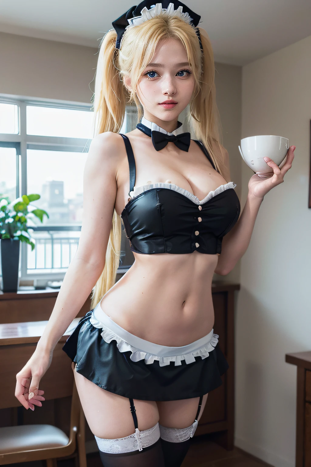 1girl, (Blue eyes), cute smile, ((Sana Minatozaki)), wide hips, Big breasts, big butt, (Best Quality, 8k, Masterpiece: 1.3)), Clear focus: 1.2, Perfect body beauty: 1.4, Slender abs: 1.2, Wet body: 1.5, Highly detailed face and skin texture, detailed eyes, double eyelids ((twintails blonde hair)), long legs, maid, black-pink _maid outfit, white thigh high stockings, high heels, tray in hand, walking, serving coffee to people, in a colorful maid cafe, (full shot)