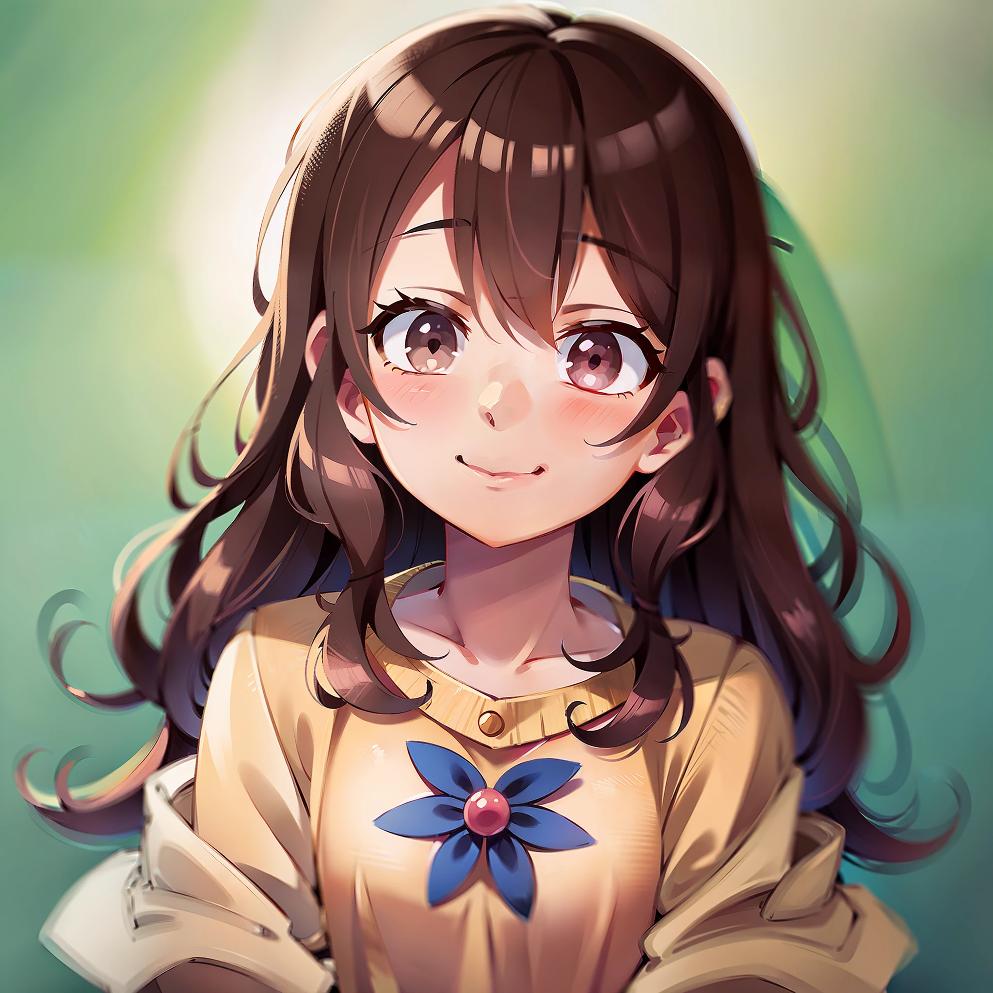 cute anime  girl, portrait from chest up, closed lip smile, rosy cheeks, big bright shiny eyes, slightly wavy hair, 4 years  lighting, simple background, high resolution