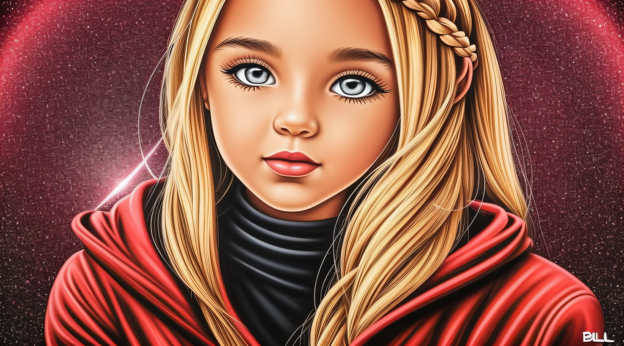 Girl child 10 years old, Russian blonde in braids, com roupa de jaqueta de couro vermelha, Estilo retrato, fundo preto e vermelho, uma bola de disco prateada com um reflexo de espelho sobre ela, bola de discoteca, bola de discoteca no fundo, prata brilhante, arte digital.